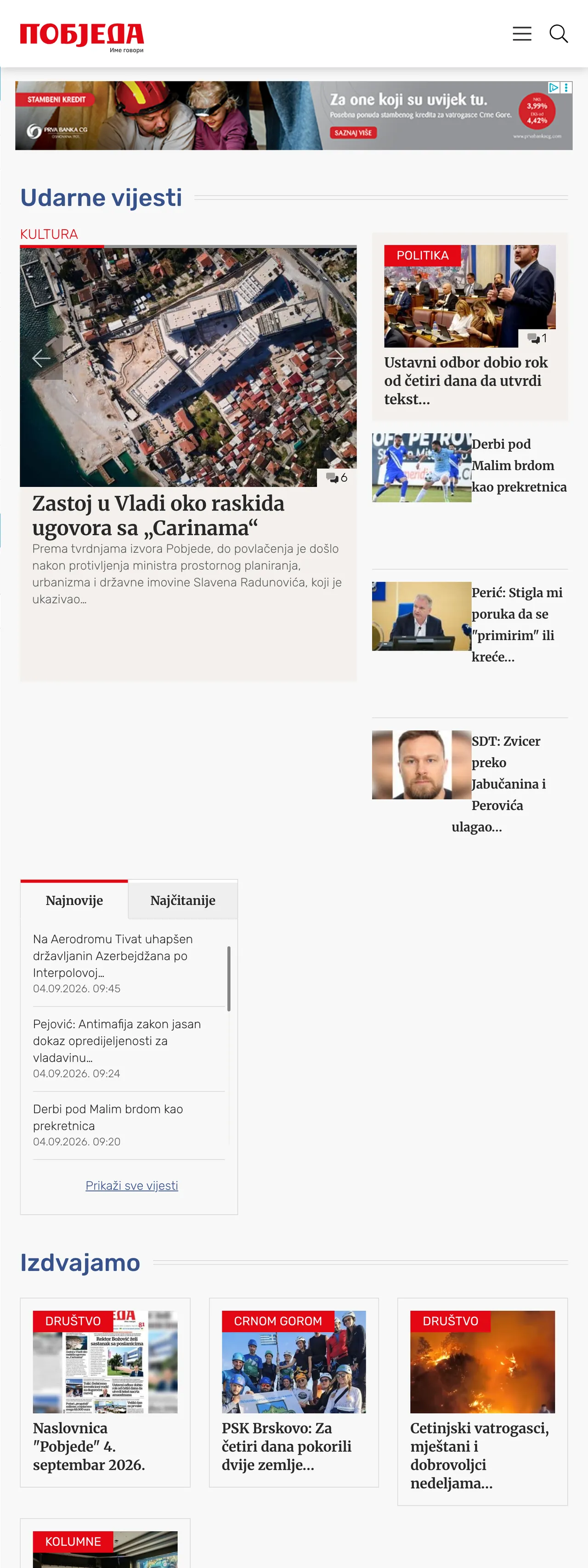 Screenshot of the Pobjeda front page