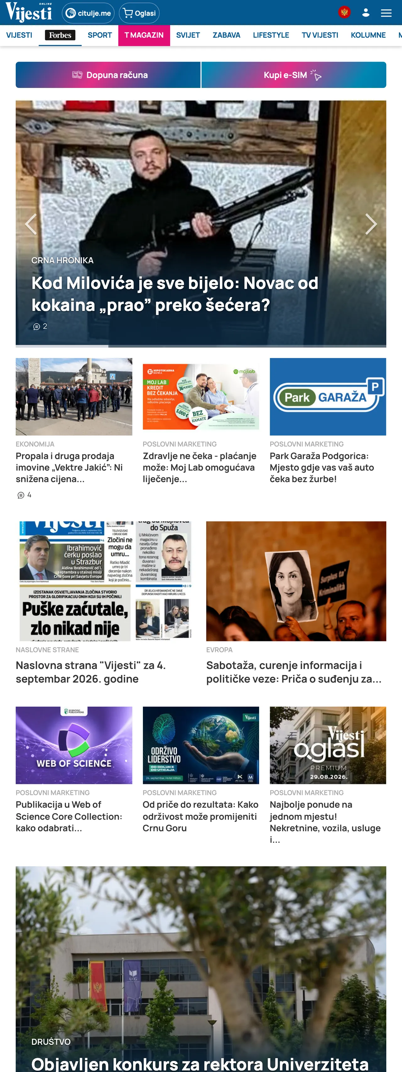 Screenshot of the Vijesti front page