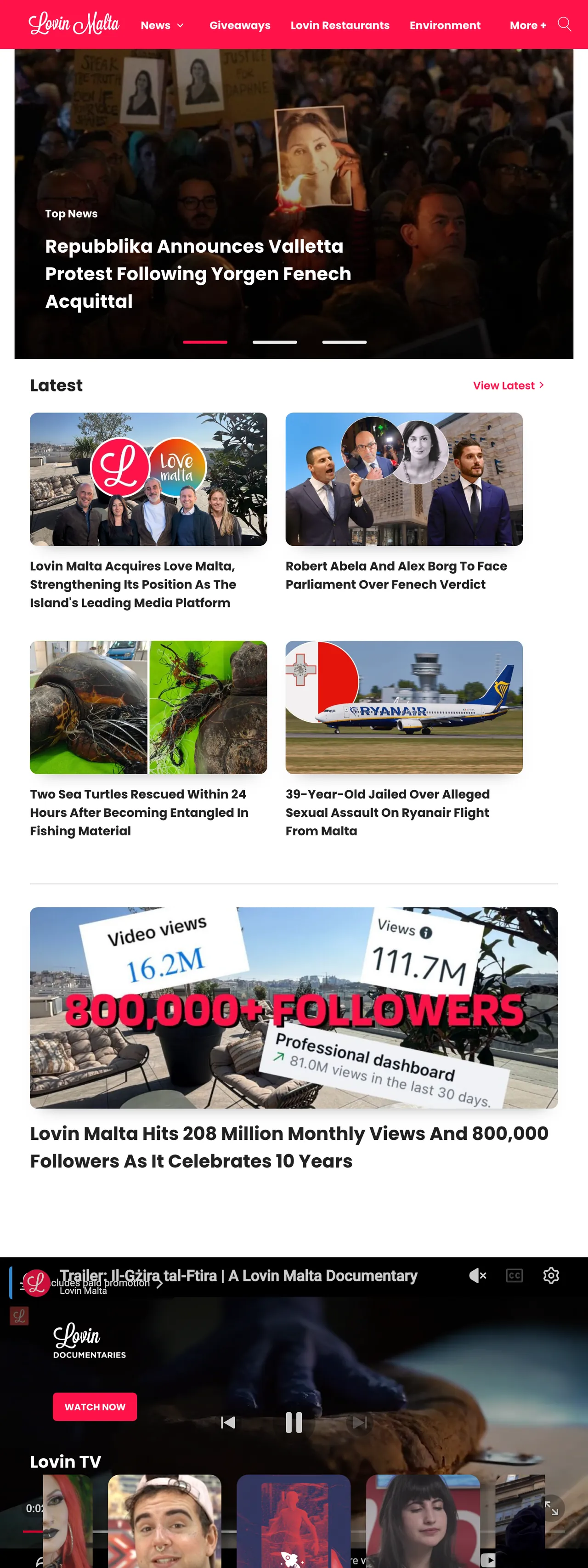Screenshot of the Lovin Malta front page