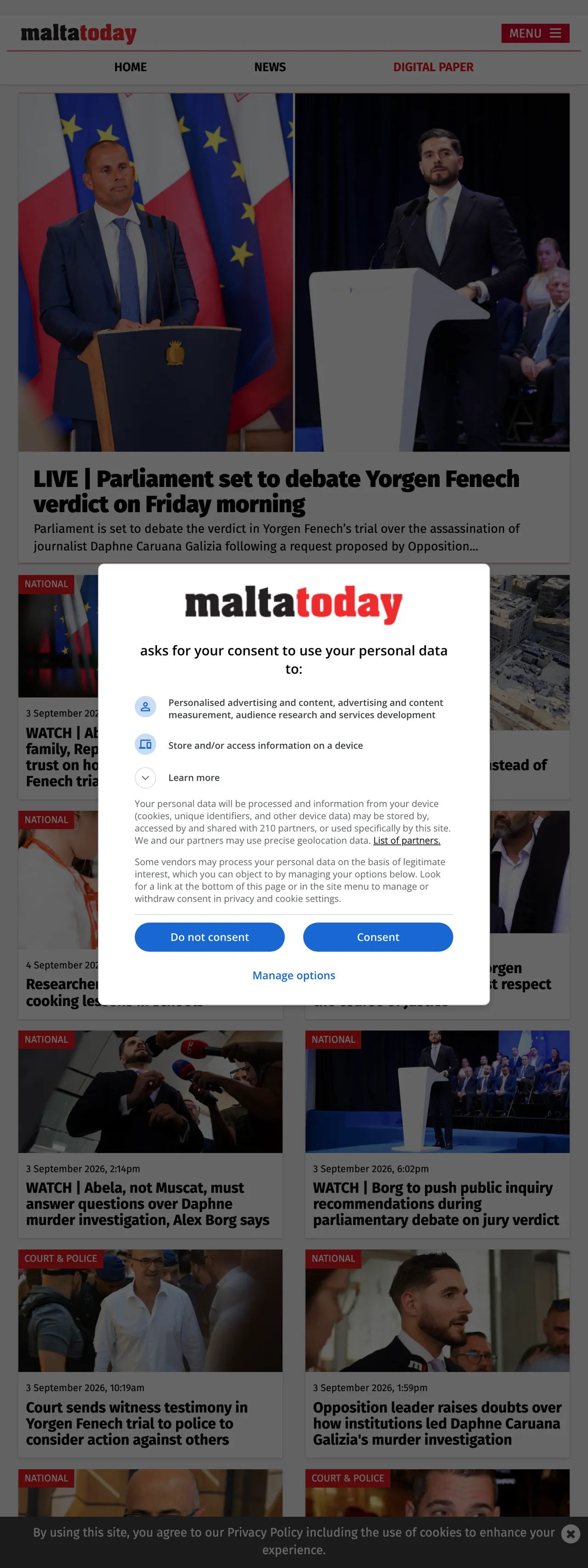 Screenshot of the Malta Today front page
