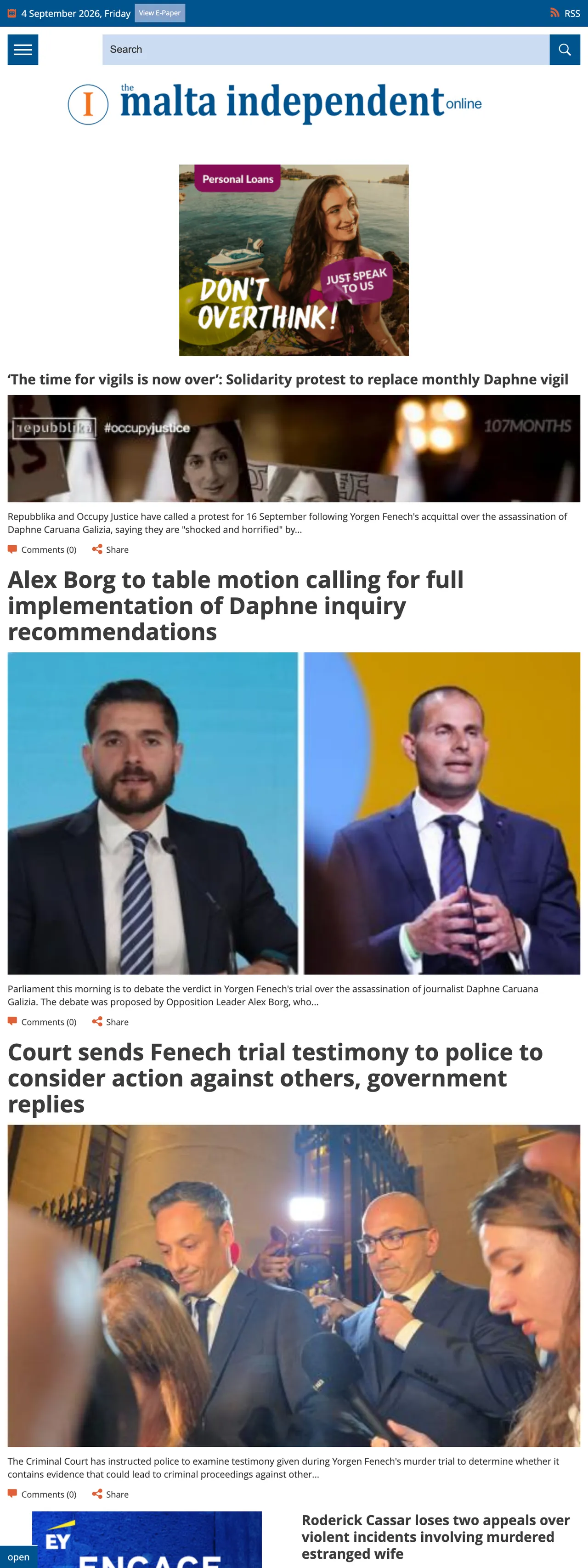 Screenshot of the The Malta Independent front page