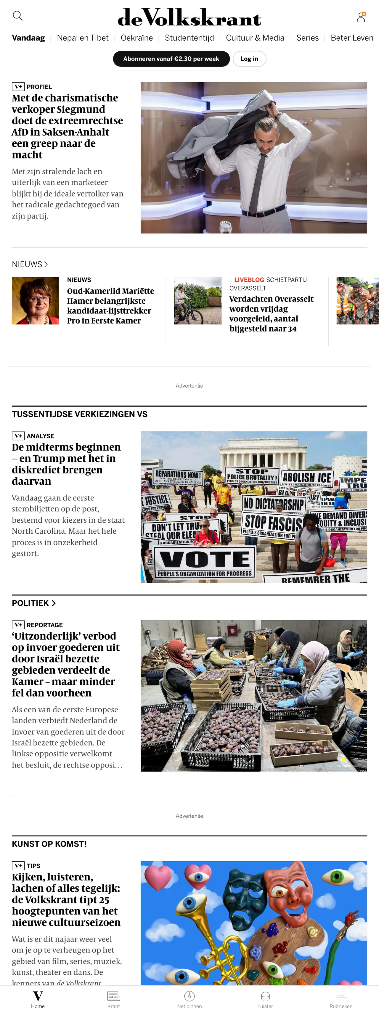 Screenshot of the de Volkskrant front page