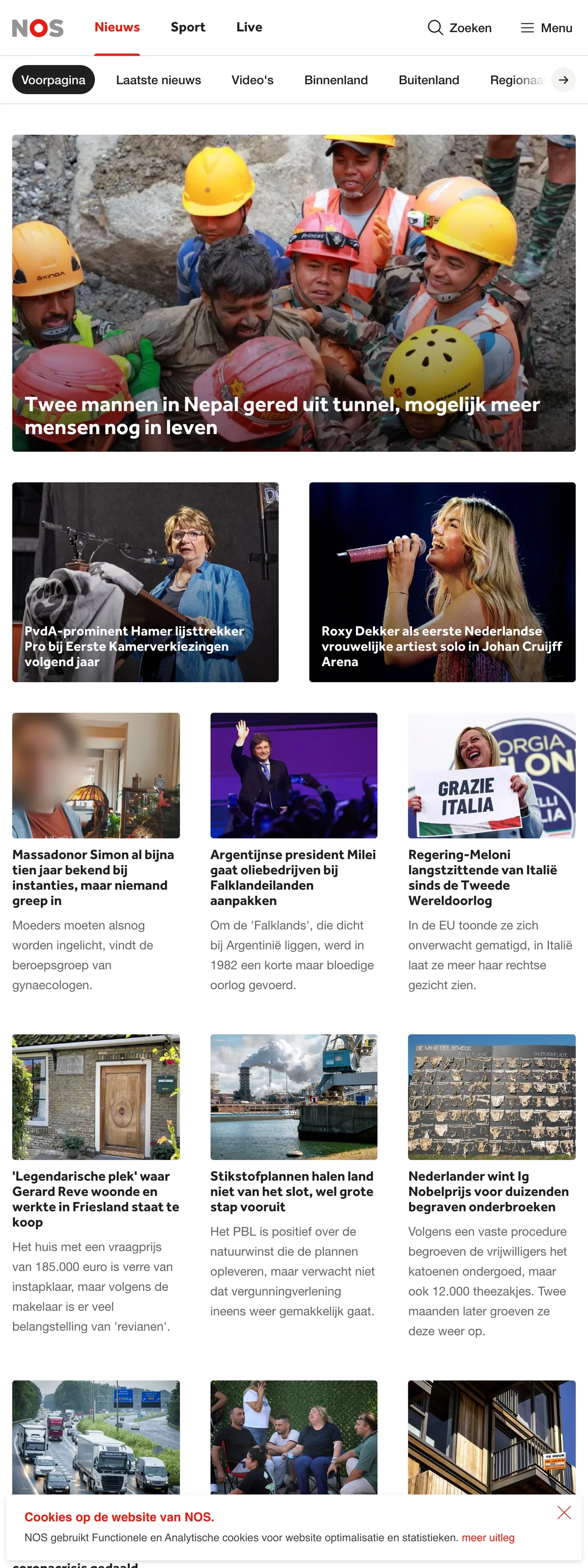 Screenshot of the NOS front page