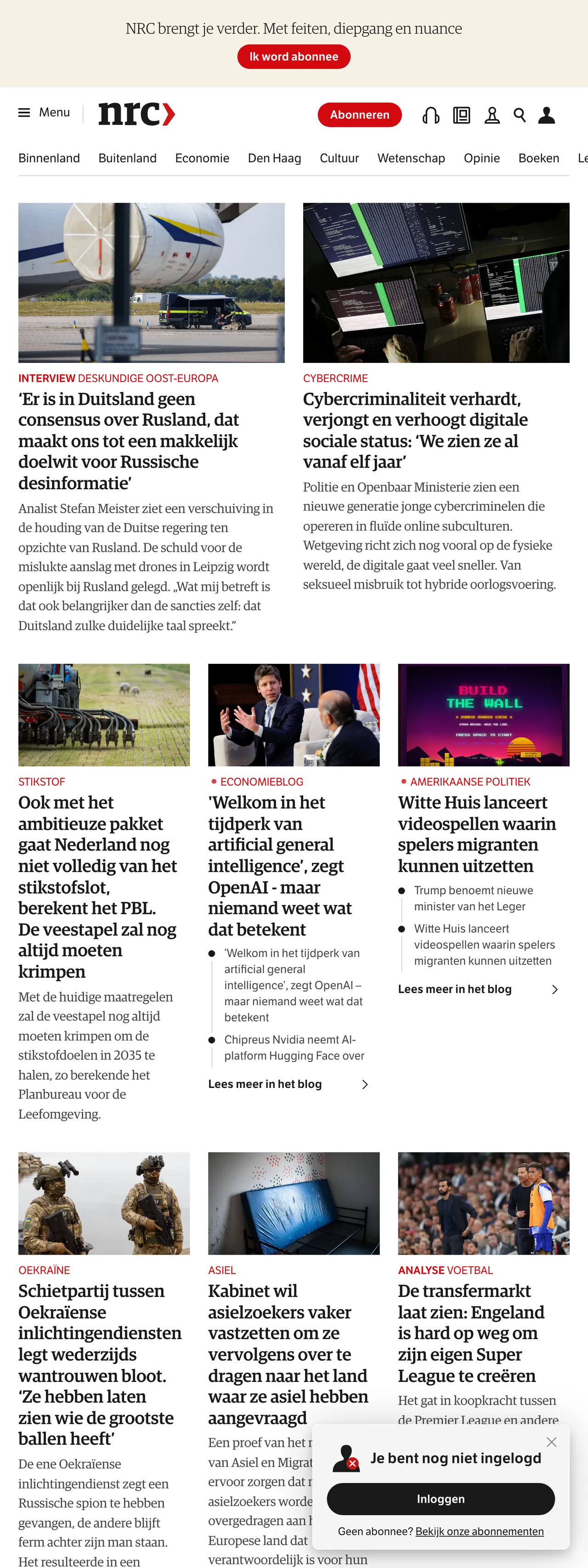Screenshot of the NRC front page