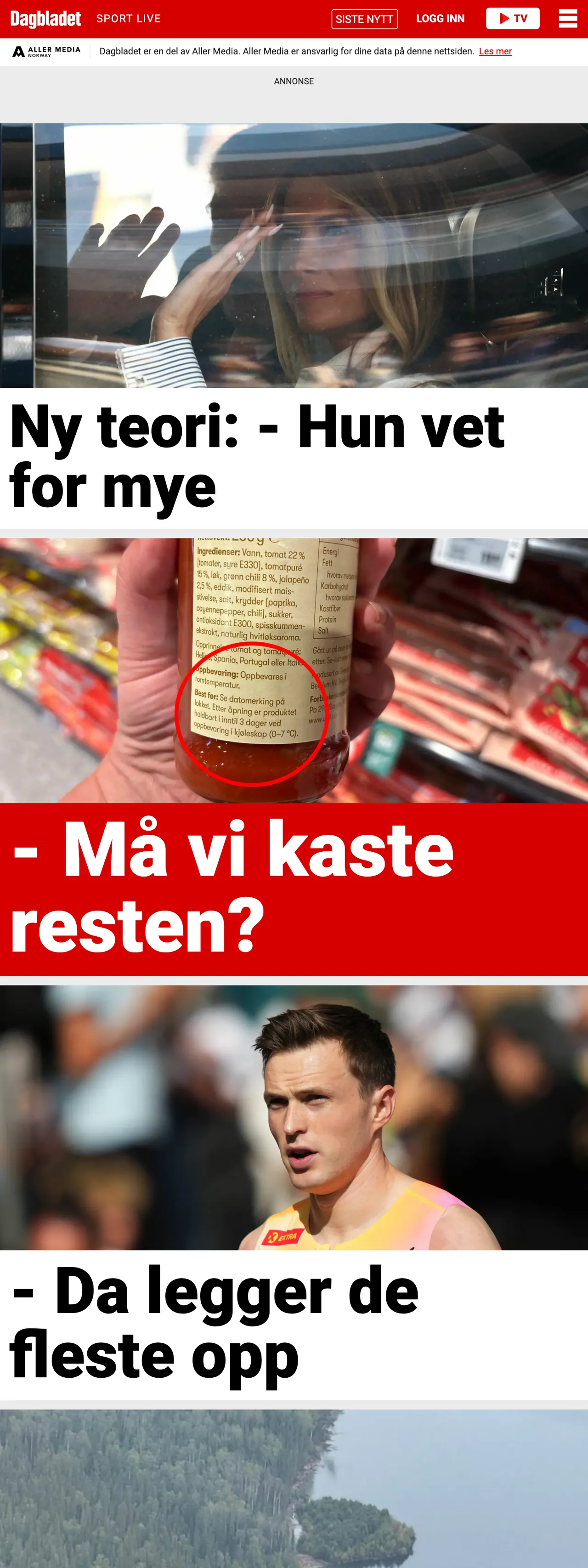 Screenshot of the Dagbladet front page