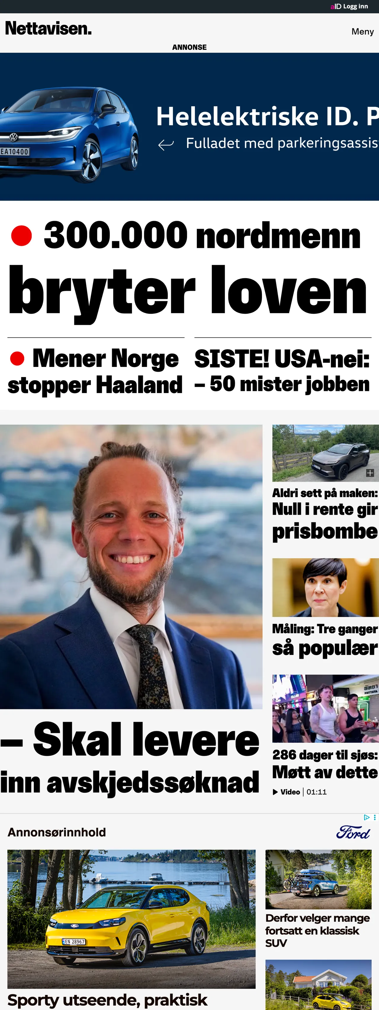 Screenshot of the Nettavisen front page