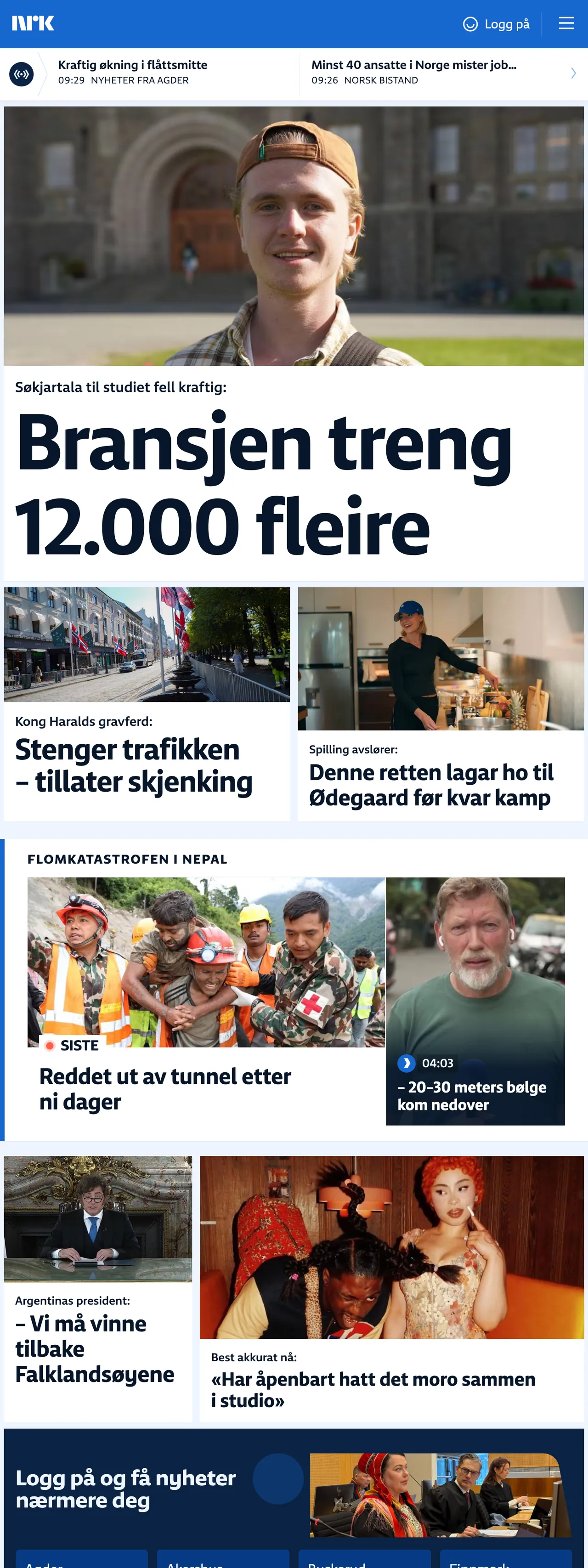 Screenshot of the NRK front page