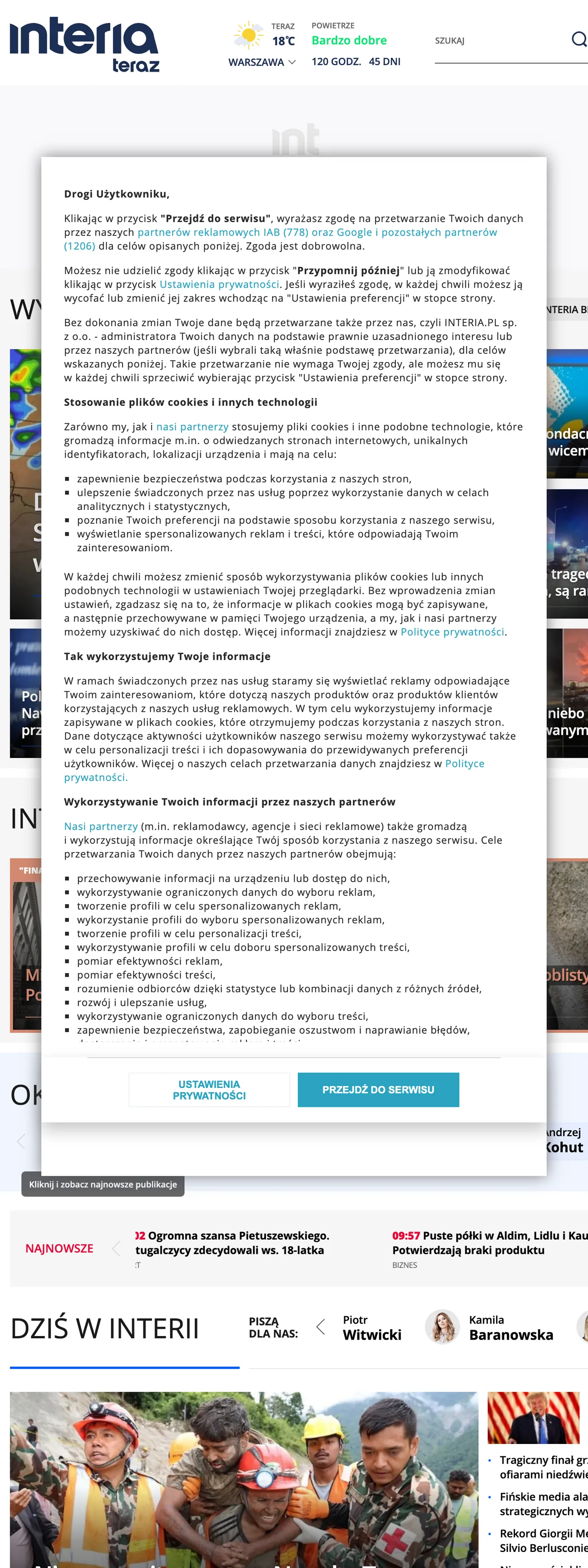Screenshot of the Interia front page