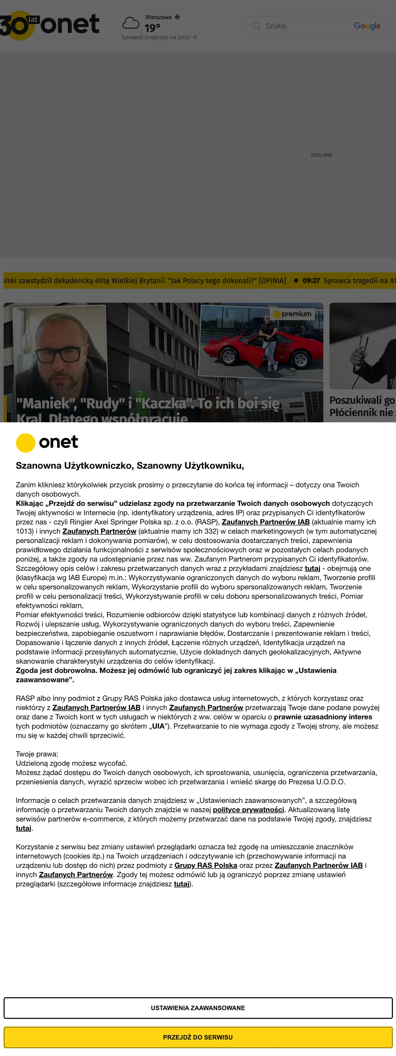 Screenshot of the Onet front page