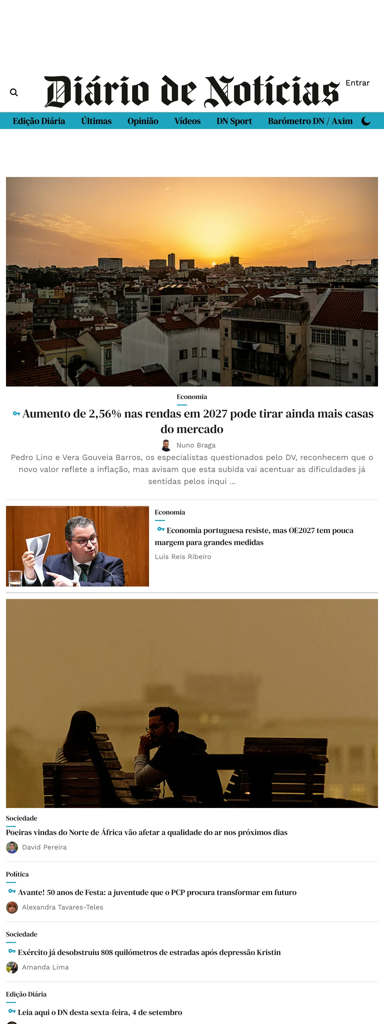Screenshot of the Diário de Notícias front page