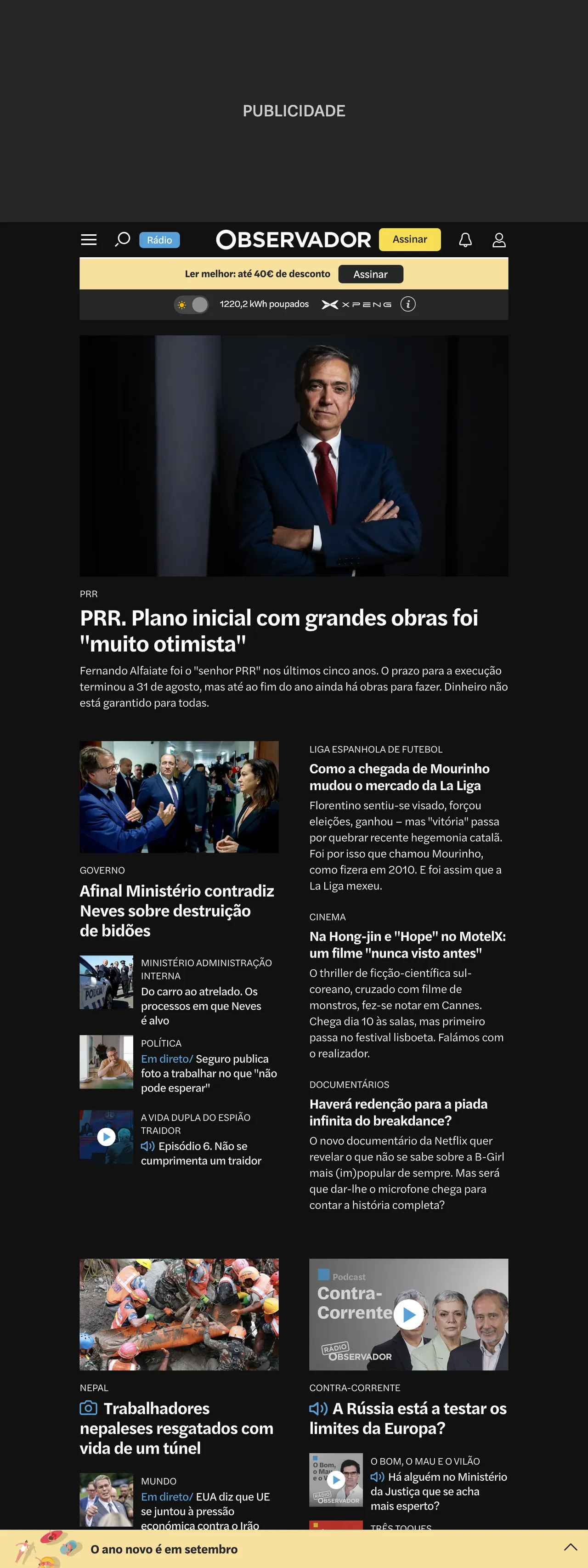 Screenshot of the Observador front page