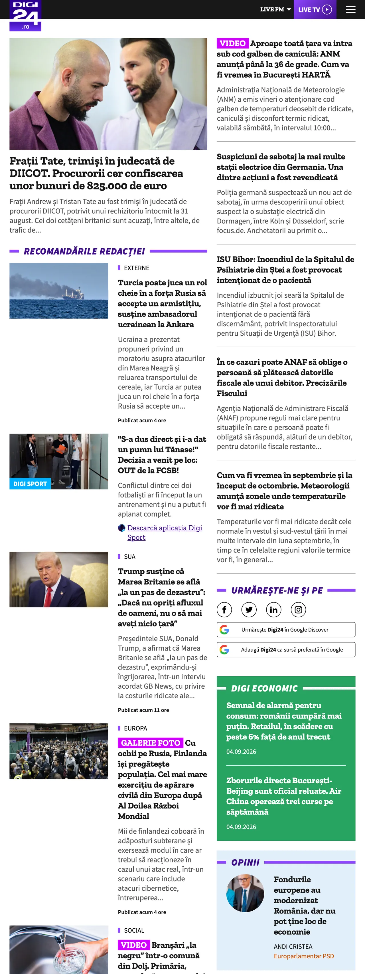 Screenshot of the Digi24 front page