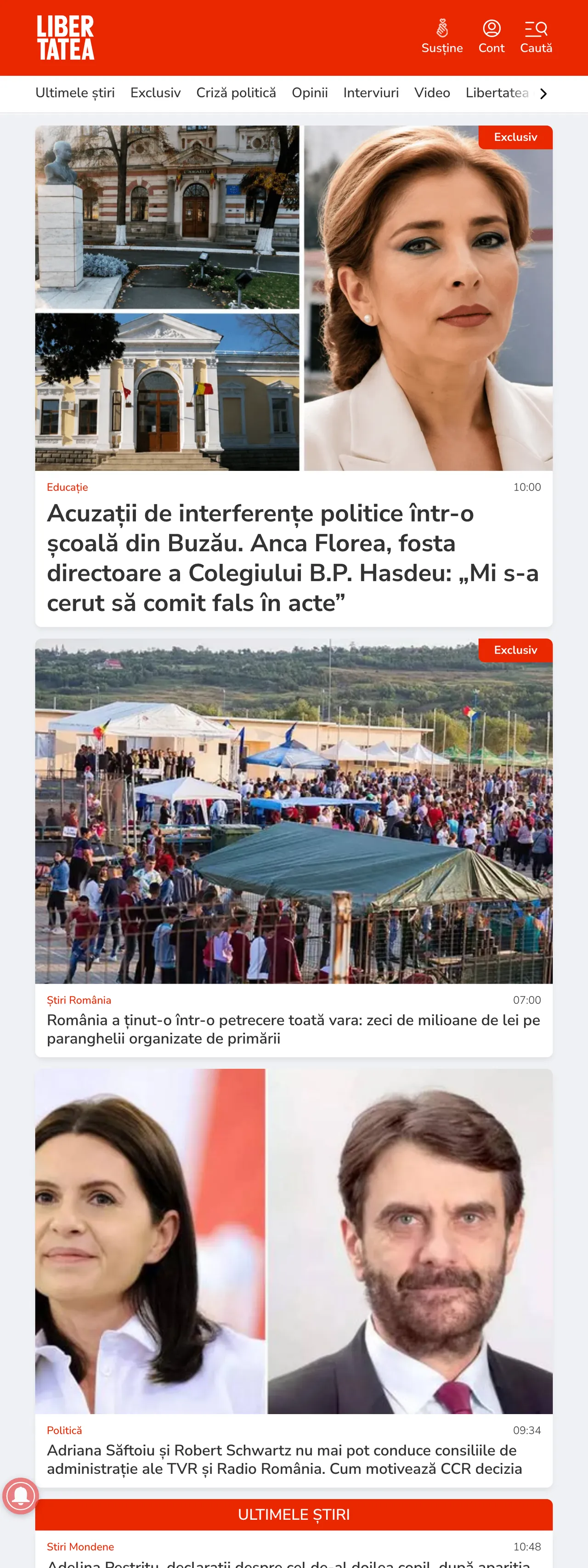 Screenshot of the Libertatea front page