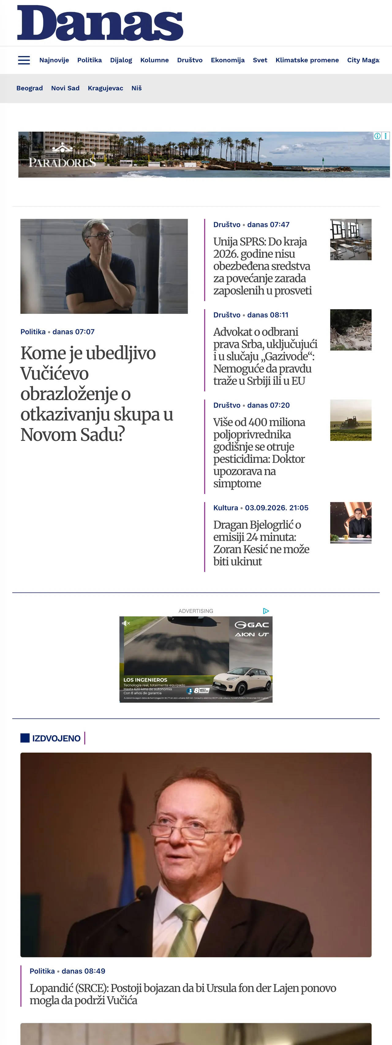 Screenshot of the Danas front page