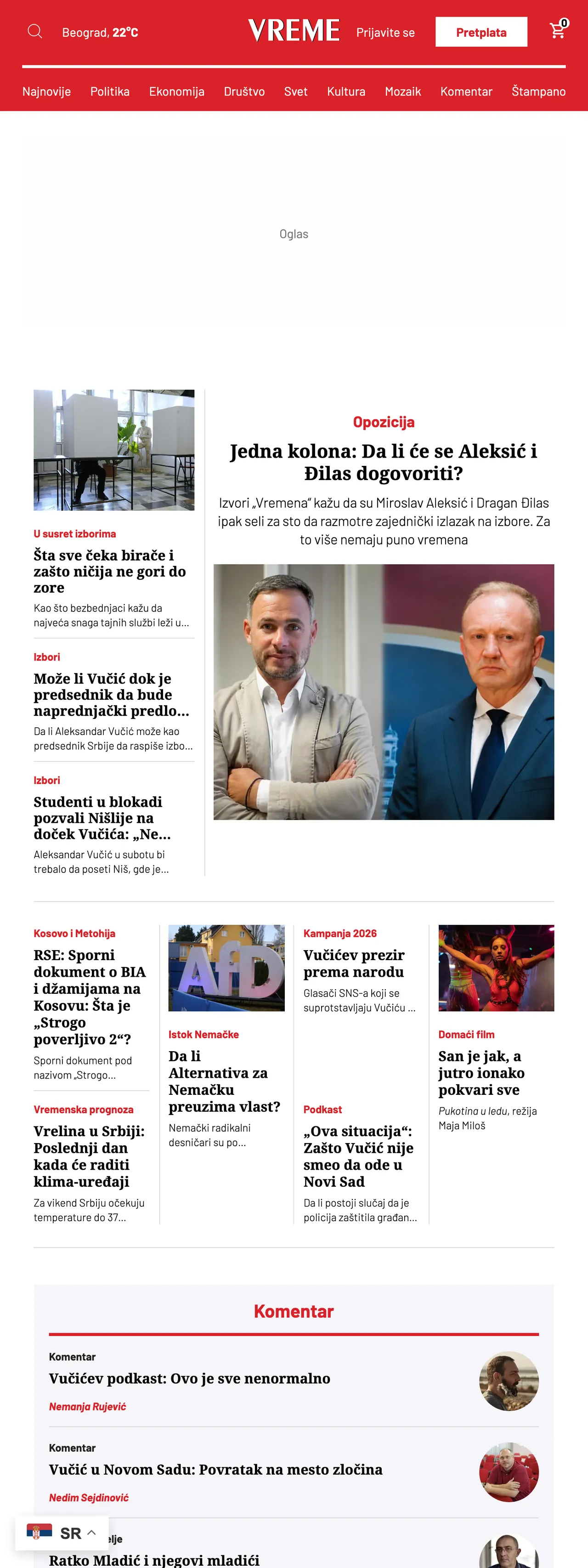 Screenshot of the Vreme front page