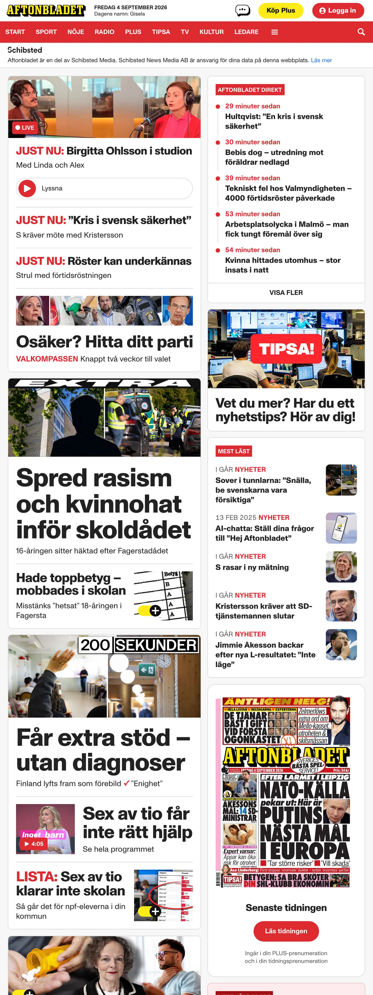 Screenshot of the Aftonbladet front page