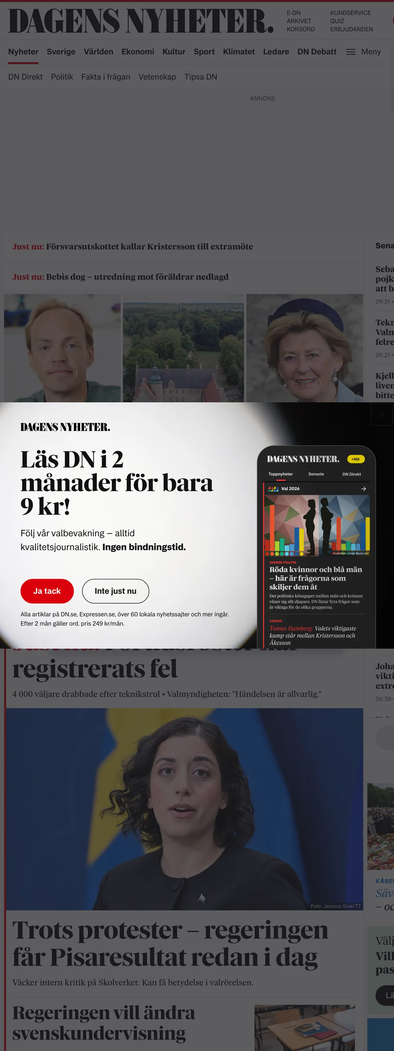 Screenshot of the Dagens Nyheter front page
