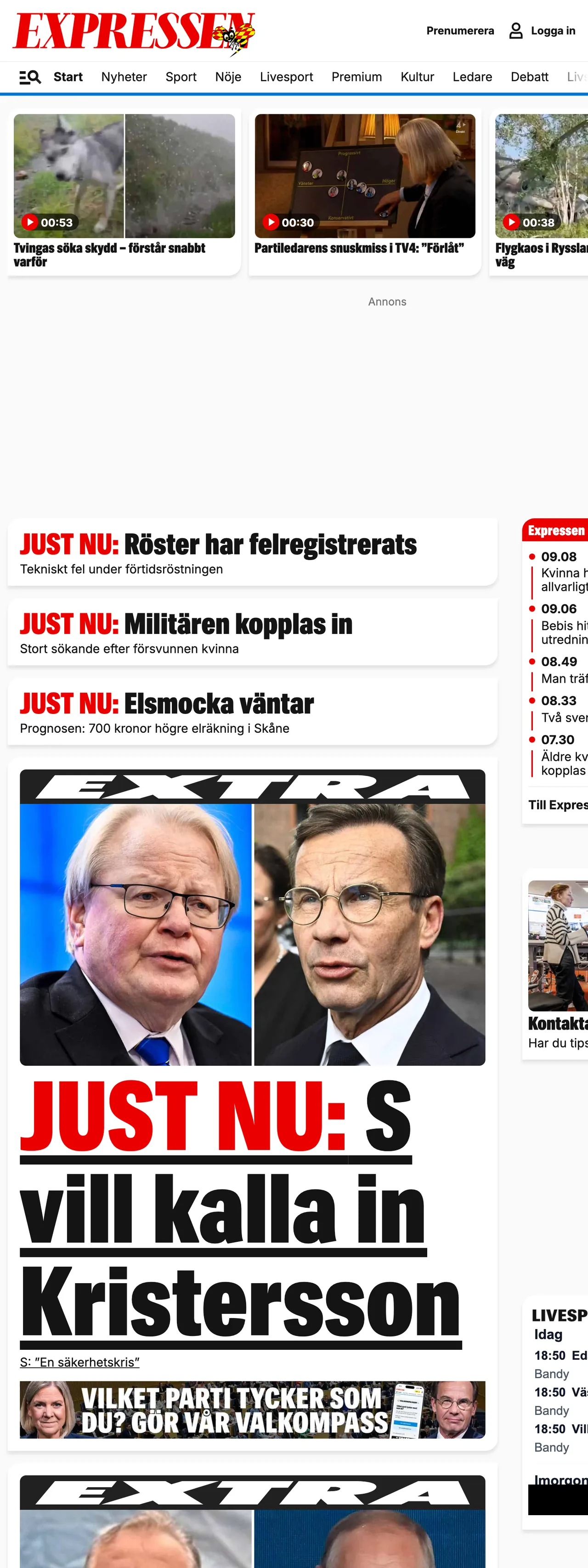 Screenshot of the Expressen front page