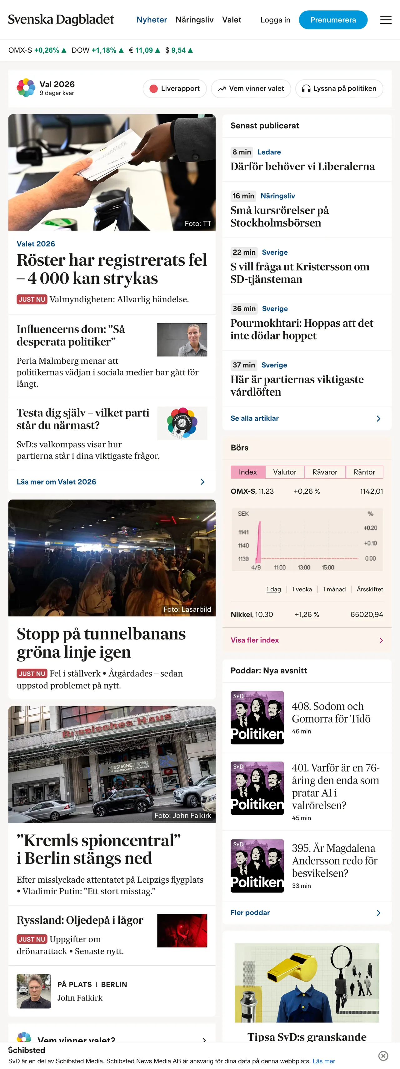 Screenshot of the Svenska Dagbladet front page