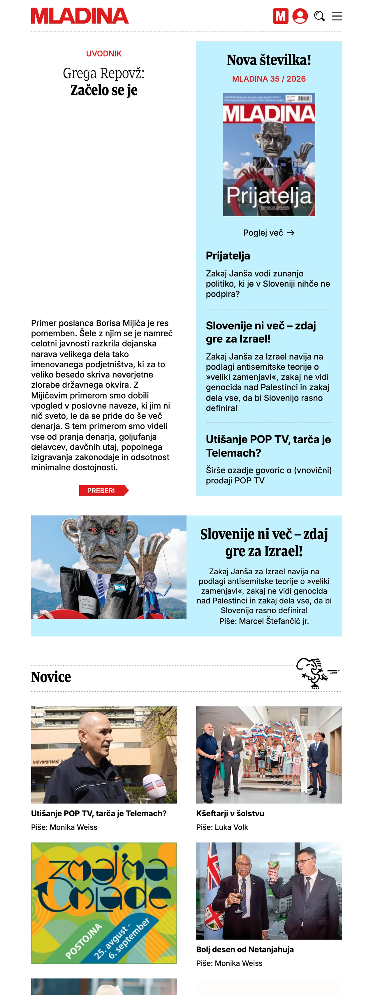 Screenshot of the Mladina front page