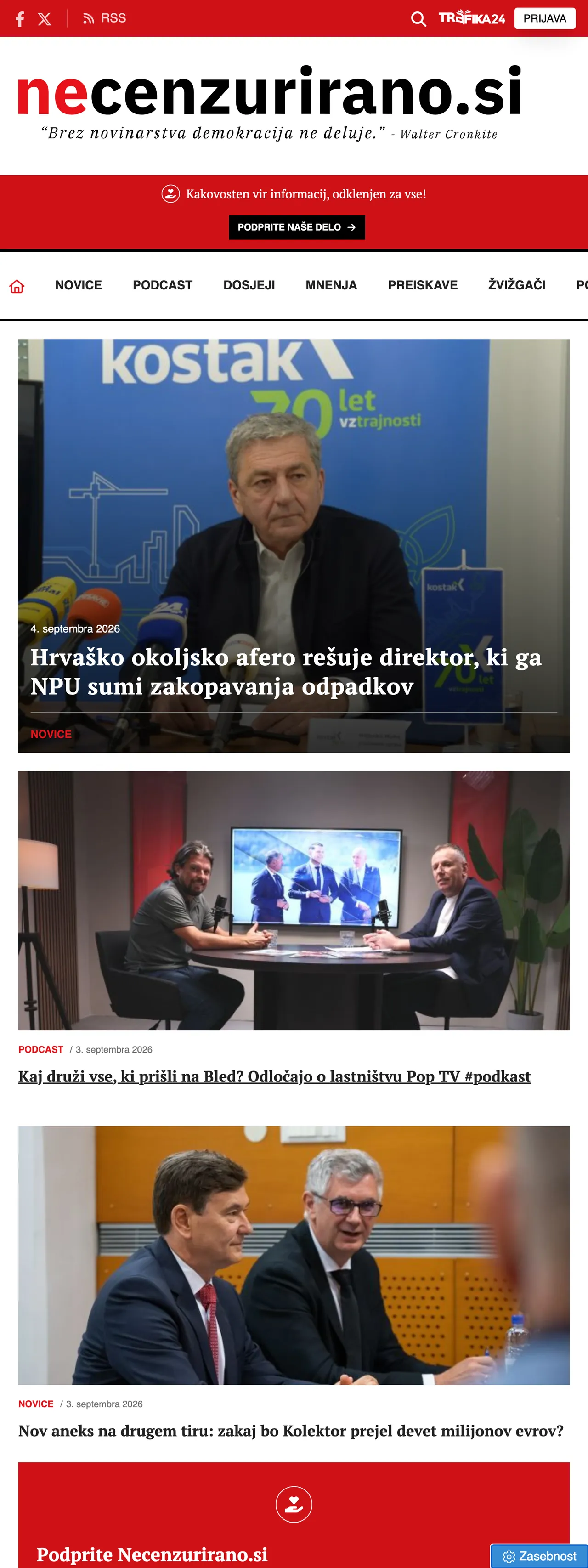 Screenshot of the Necenzurirano front page
