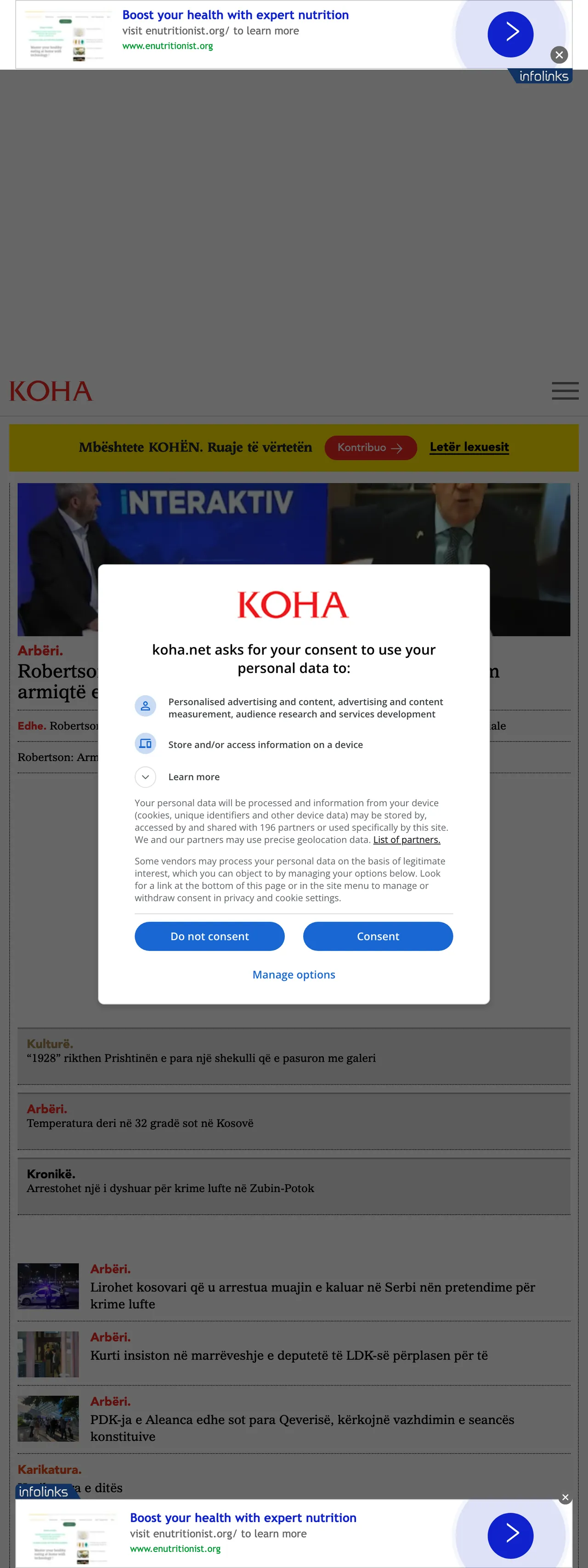 Screenshot of the Koha Ditore front page