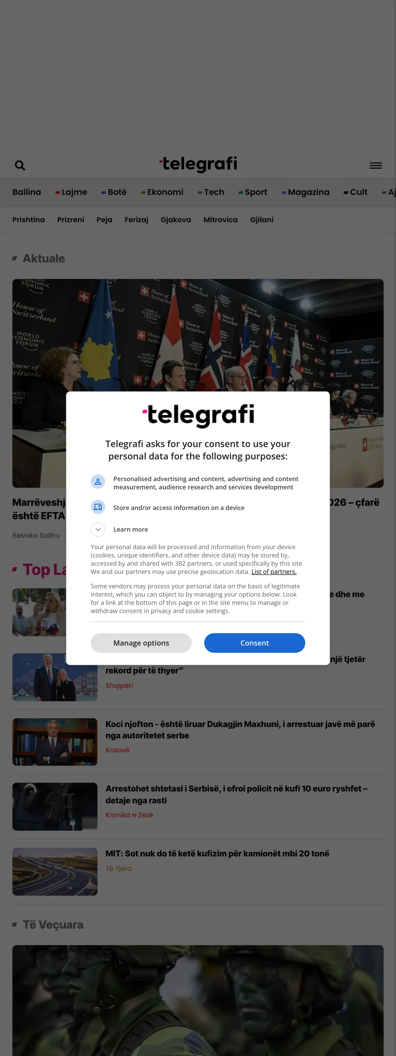 Screenshot of the Telegrafi front page
