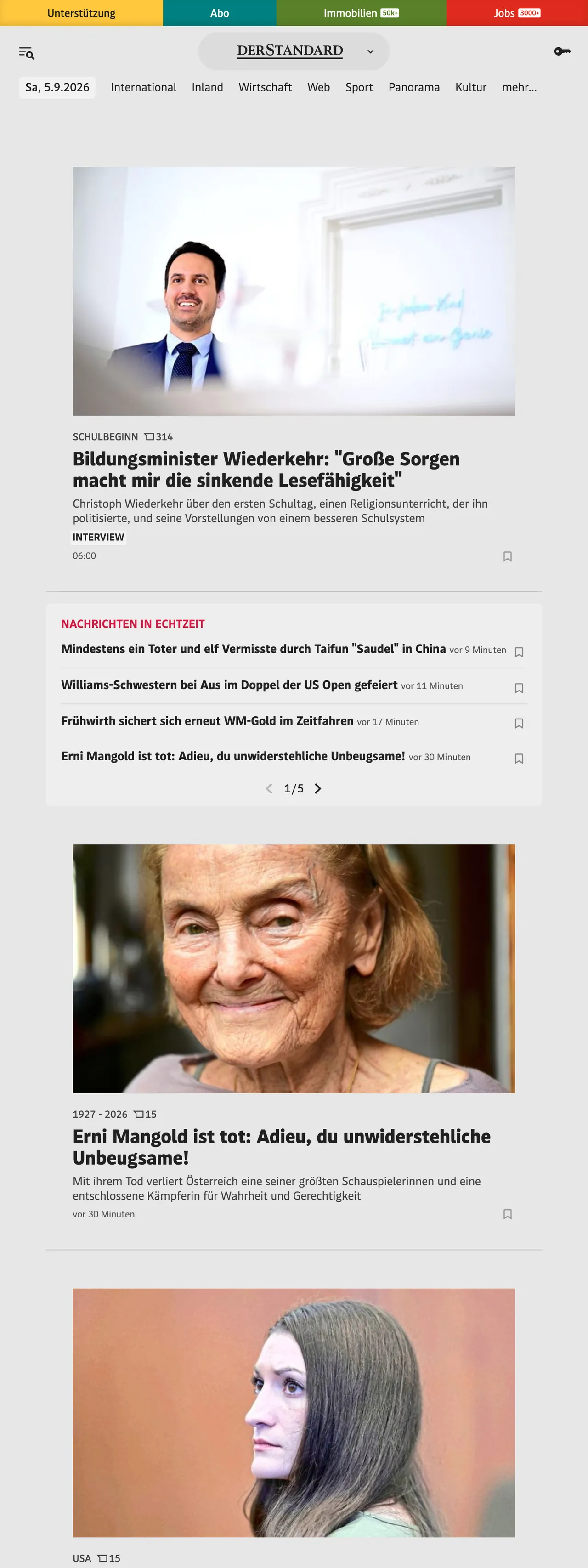 Screenshot of the DER STANDARD front page