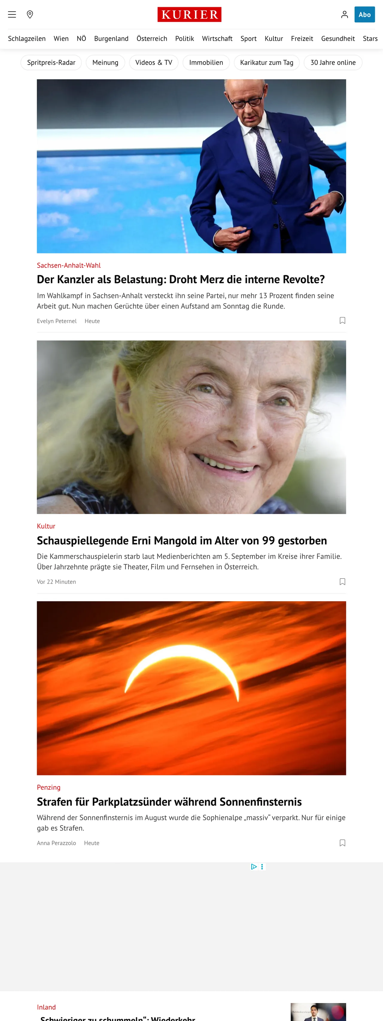 Screenshot of the Kurier front page