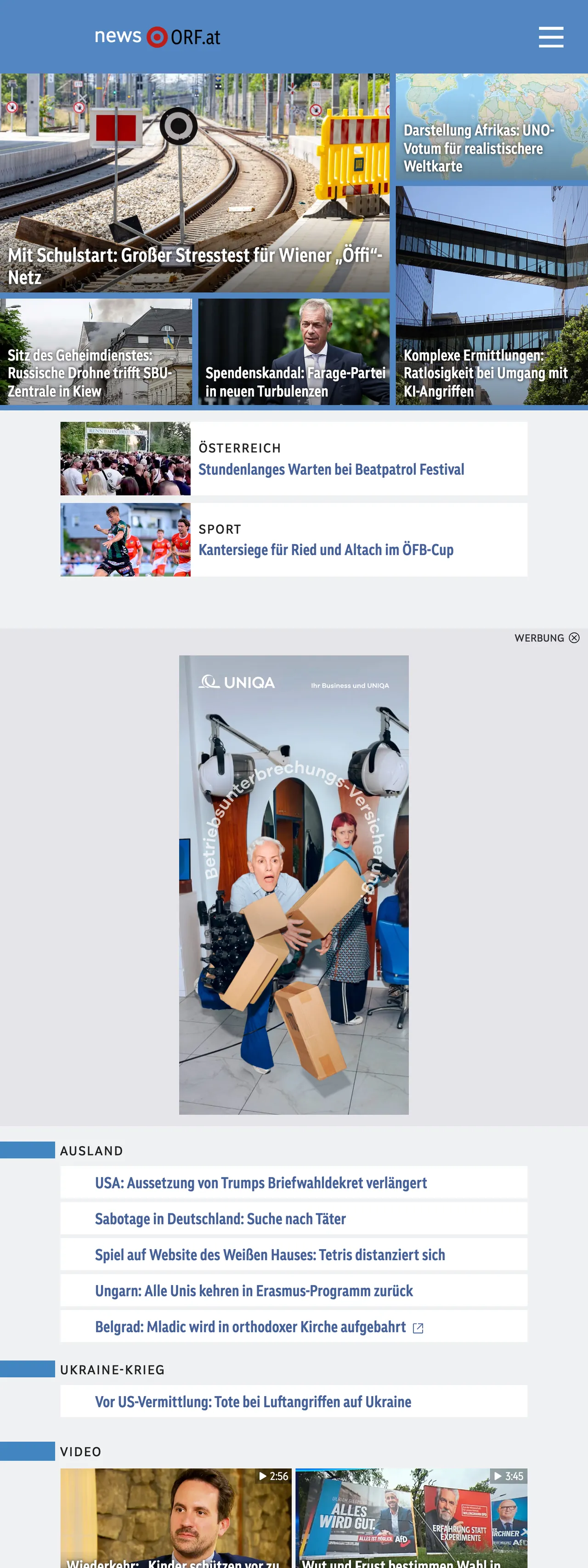 Screenshot of the ORF front page