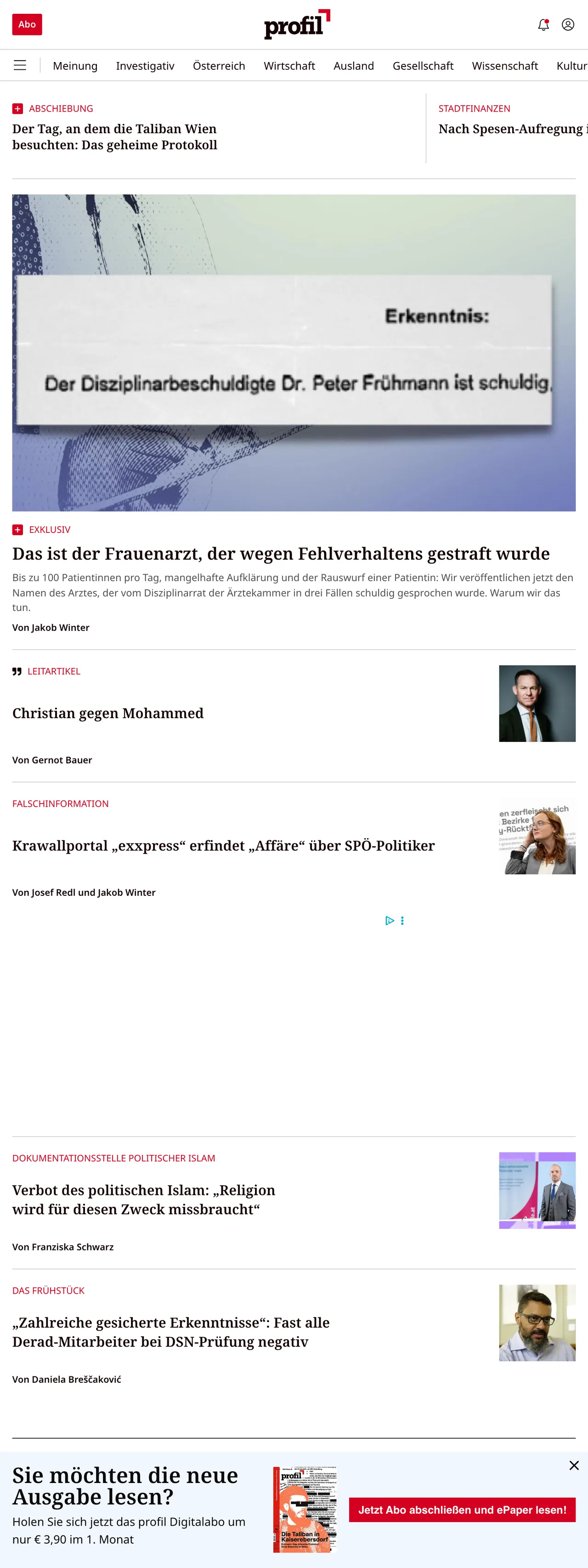 Screenshot of the profil front page