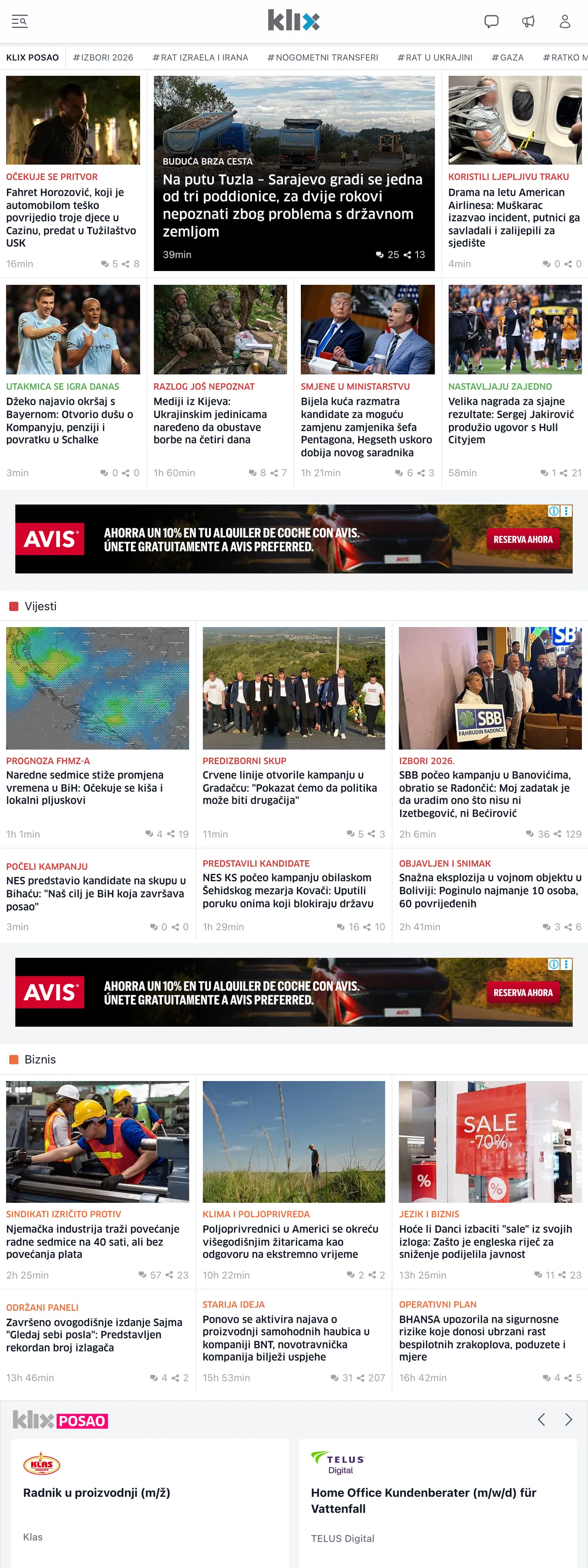 Screenshot of the Klix.ba front page