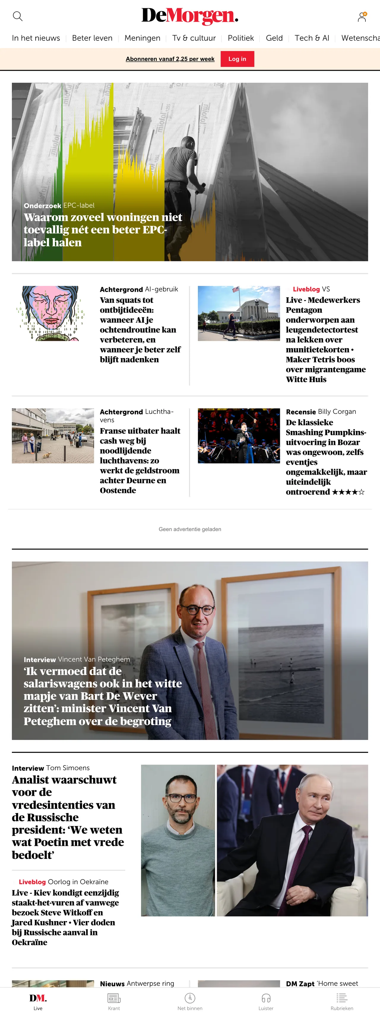 Screenshot of the De Morgen front page