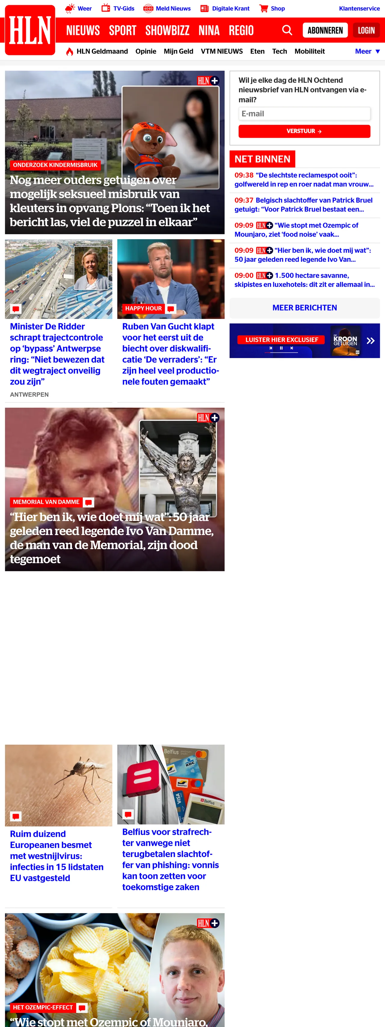 Screenshot of the HLN front page