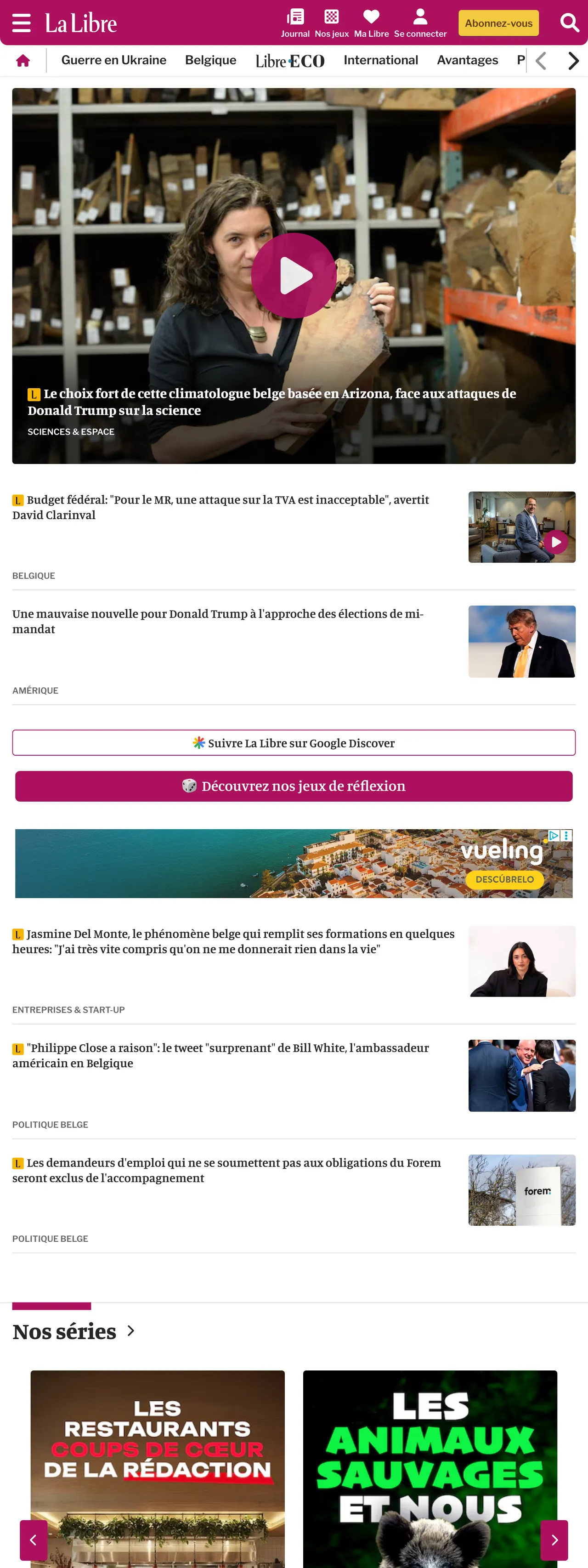Screenshot of the La Libre front page