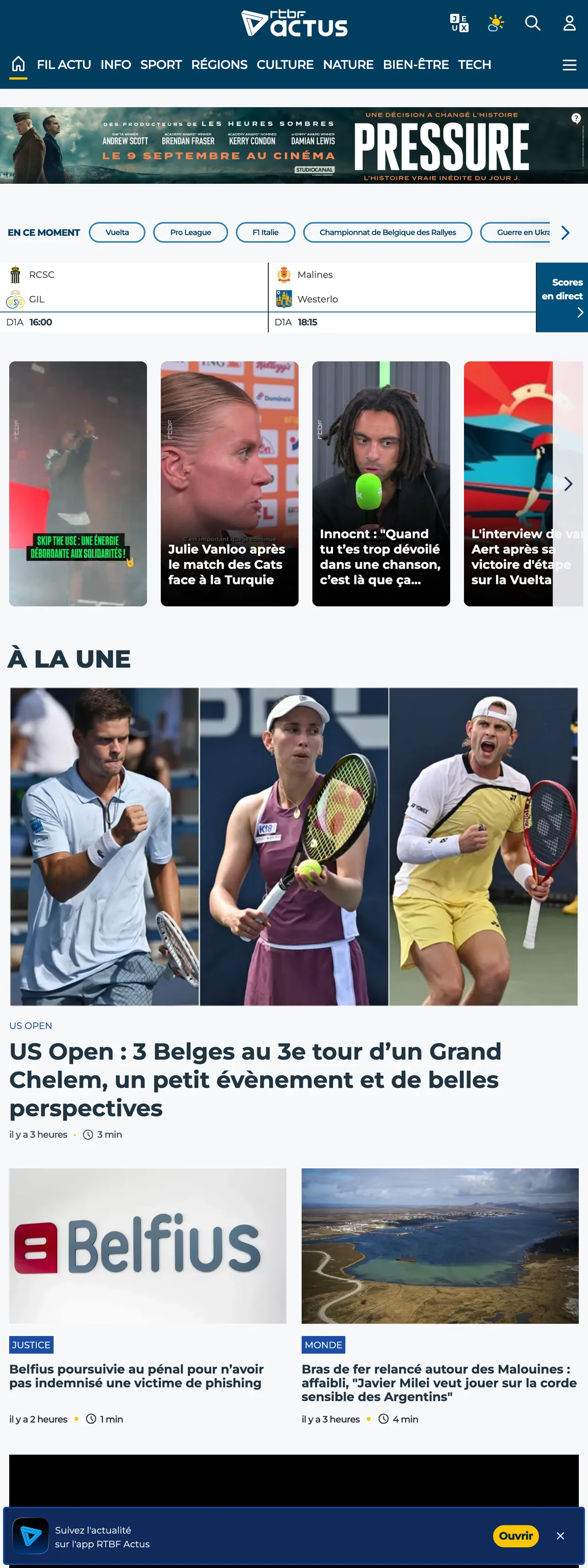 Screenshot of the RTBF front page