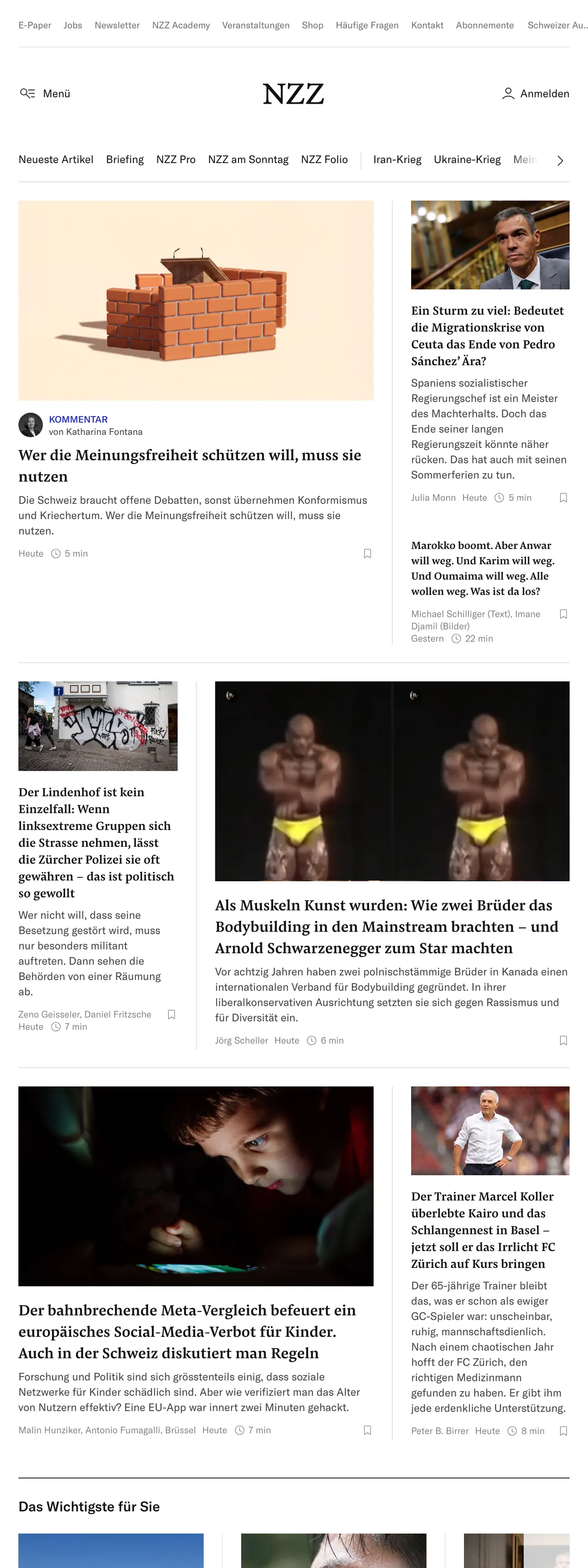 Screenshot of the Neue Zürcher Zeitung front page
