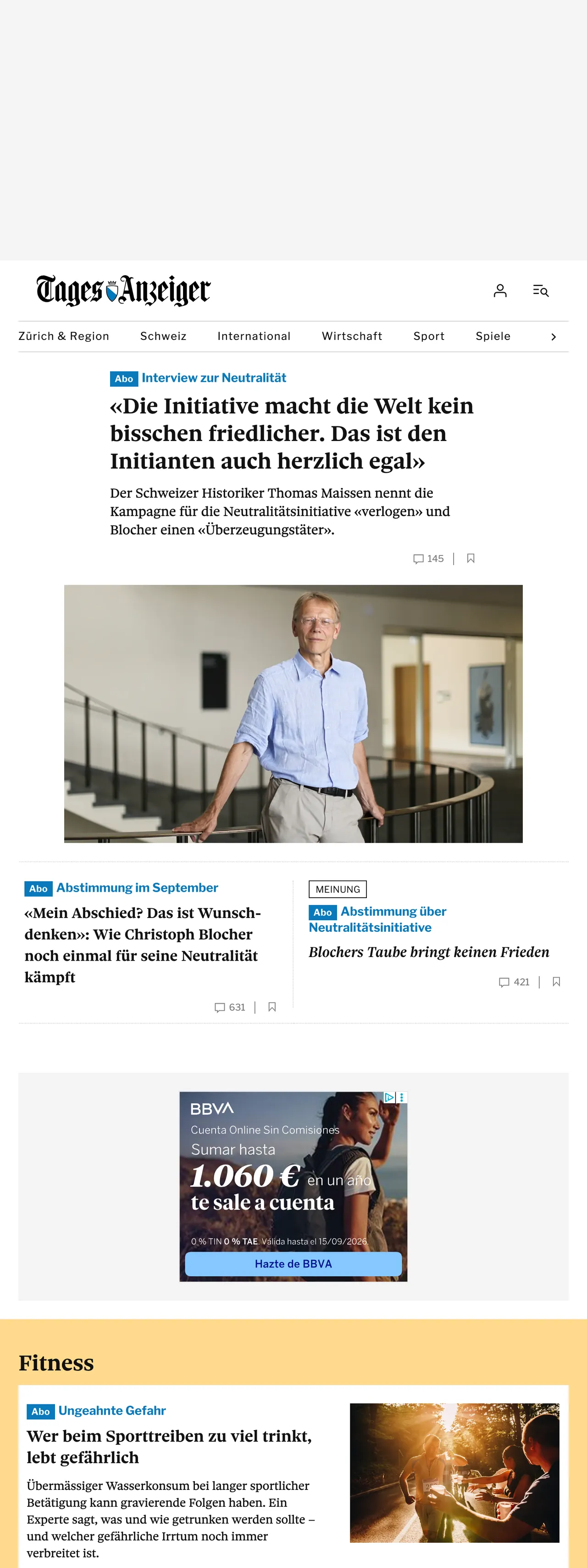 Screenshot of the Tages-Anzeiger front page