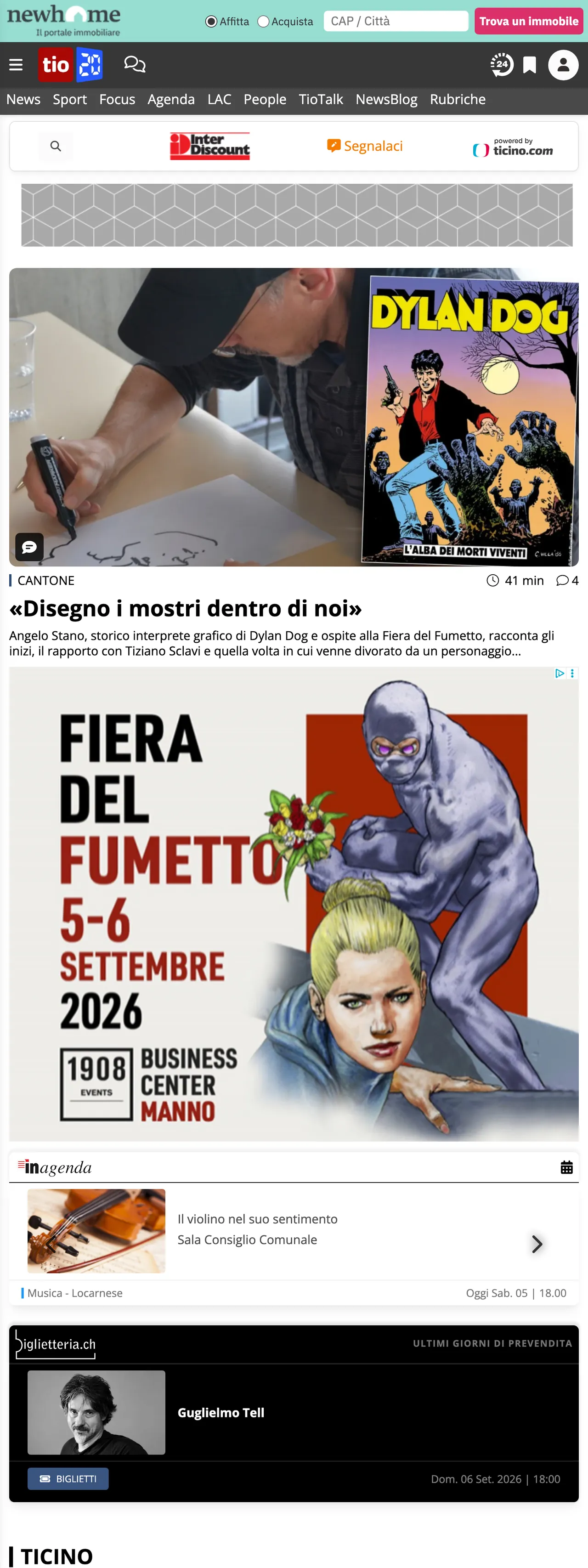 Screenshot of the Ticinonline front page