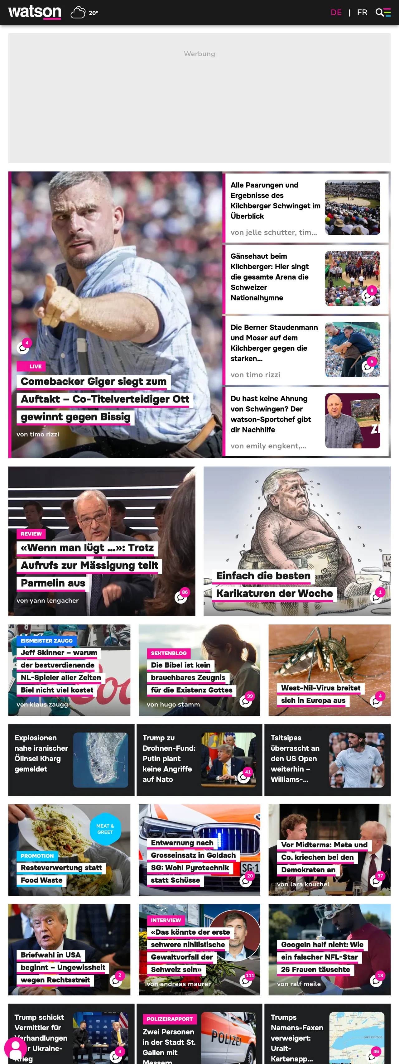 Screenshot of the watson front page