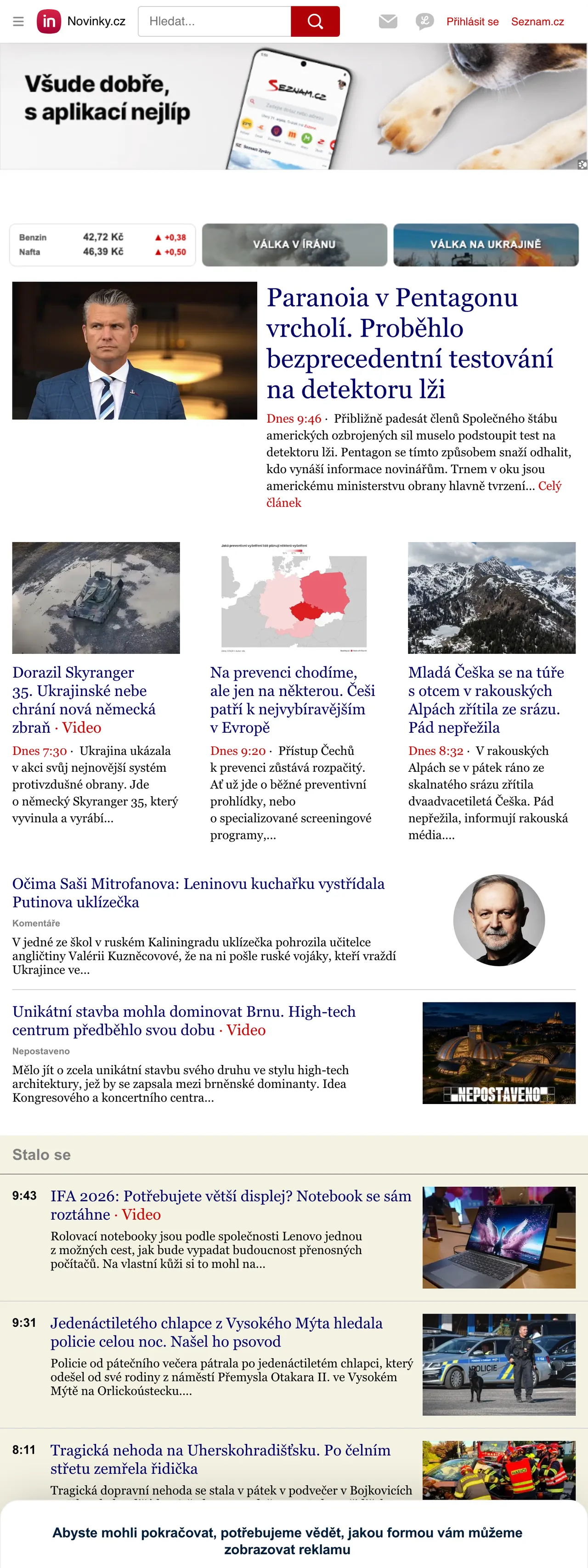 Screenshot of the Novinky.cz front page