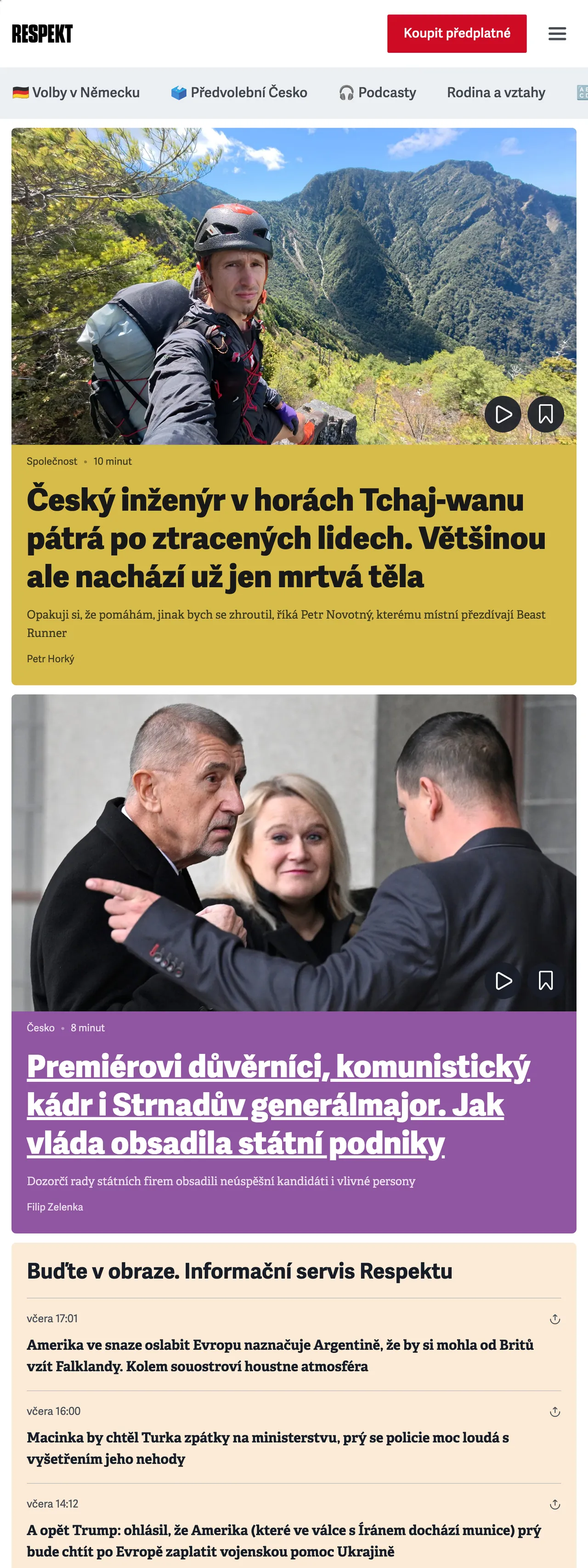 Screenshot of the Respekt front page