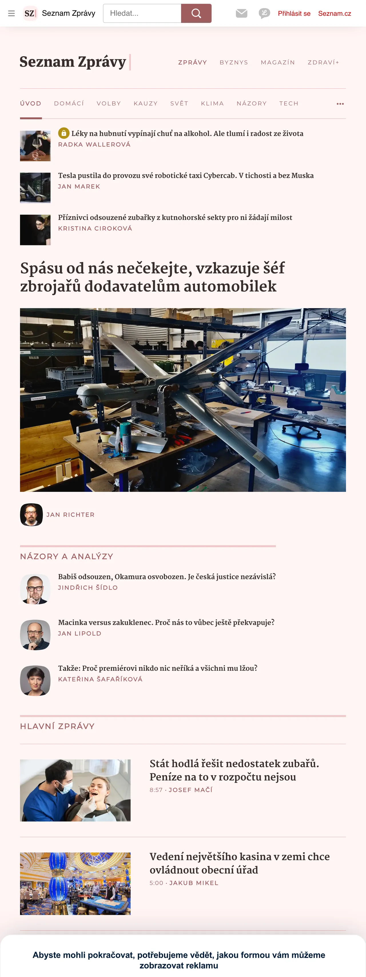 Screenshot of the Seznam Zprávy front page