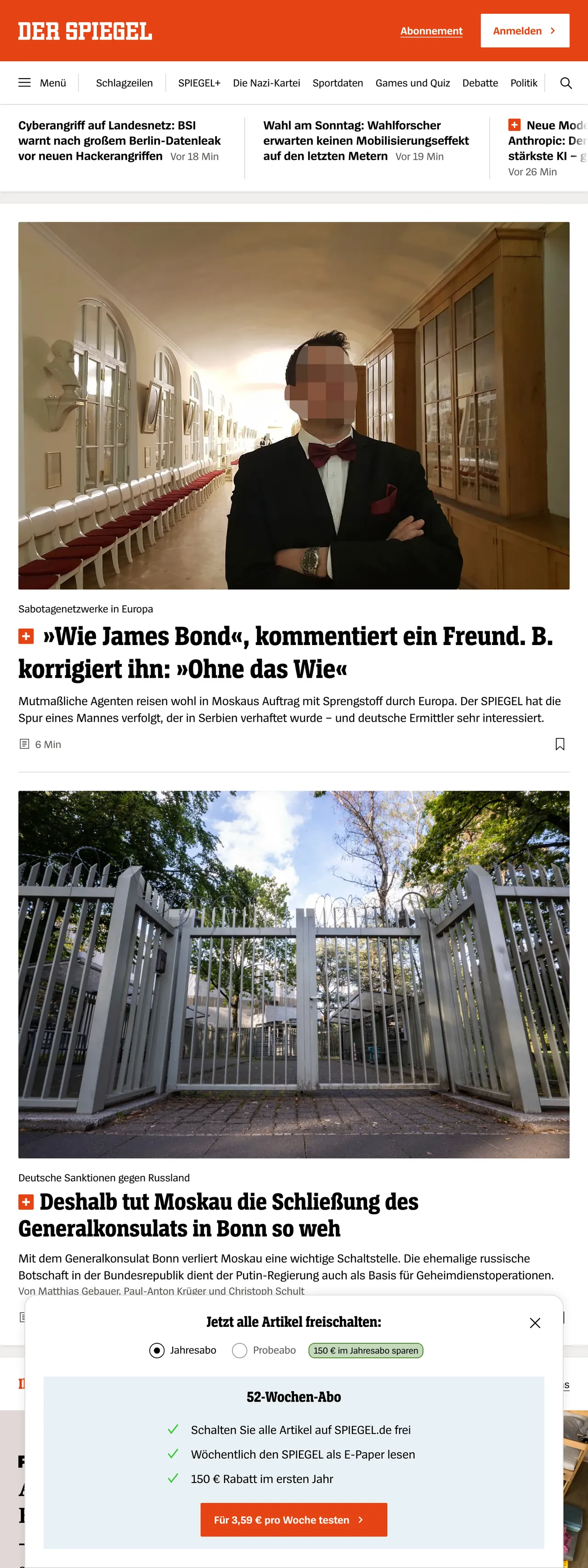Screenshot of the DER SPIEGEL front page