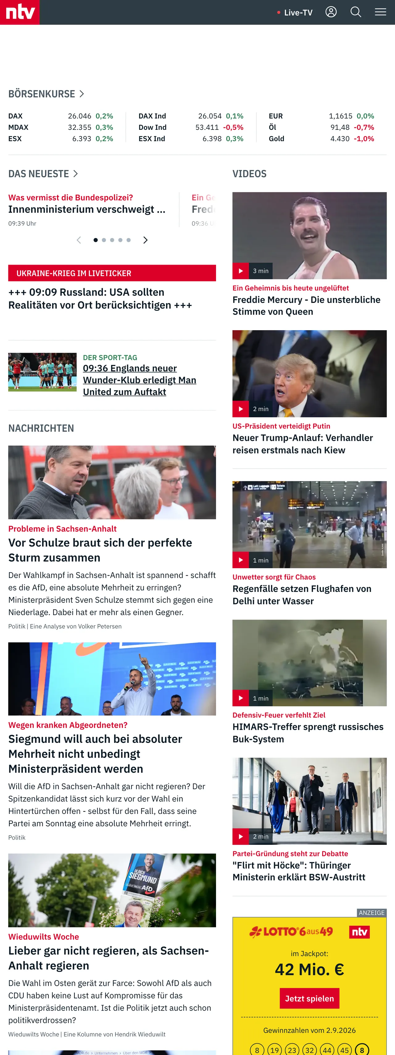 Screenshot of the n-tv front page