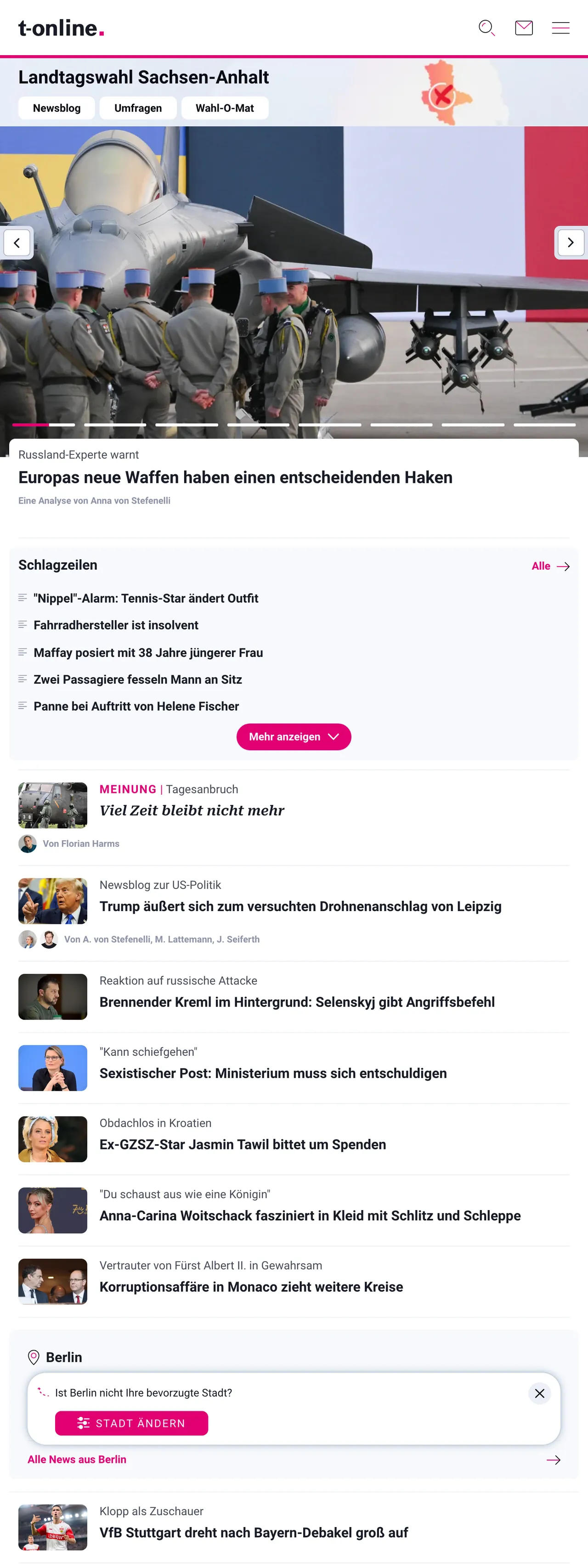 Screenshot of the t-online front page