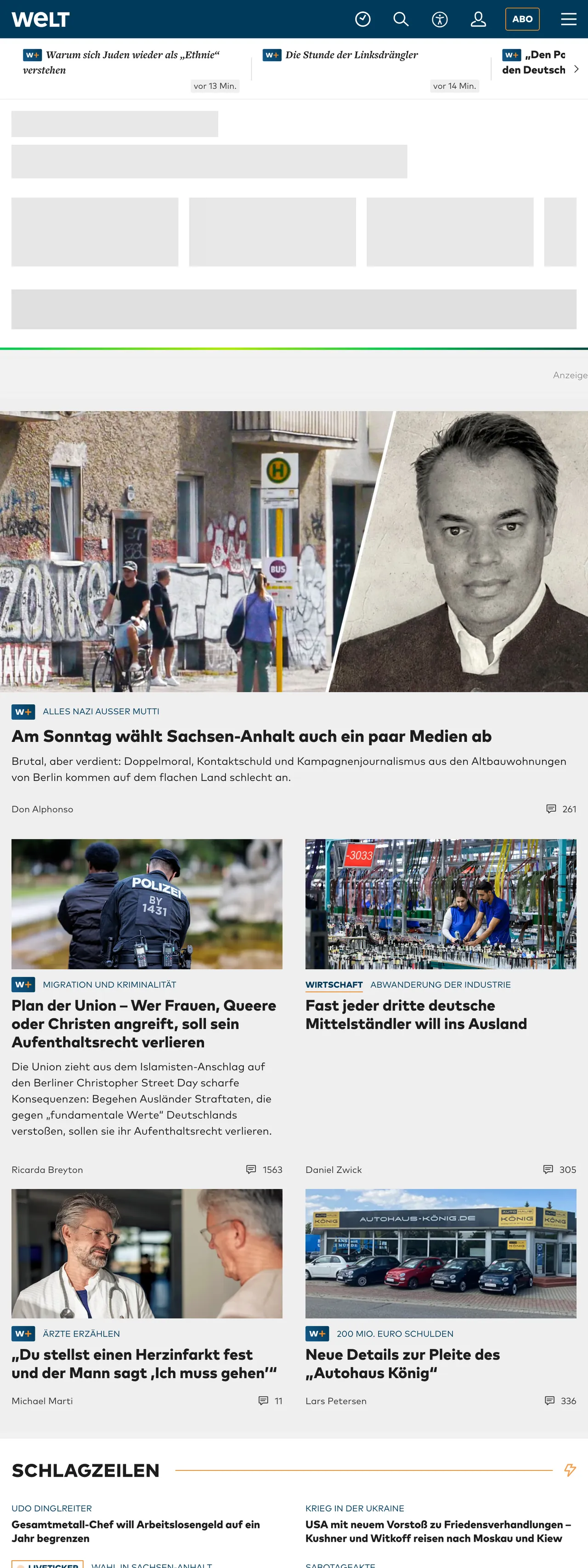 Screenshot of the WELT front page