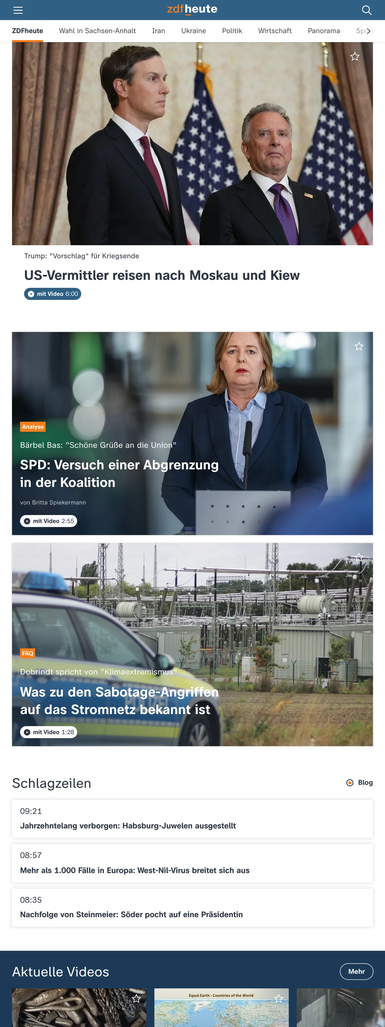 Screenshot of the ZDFheute front page