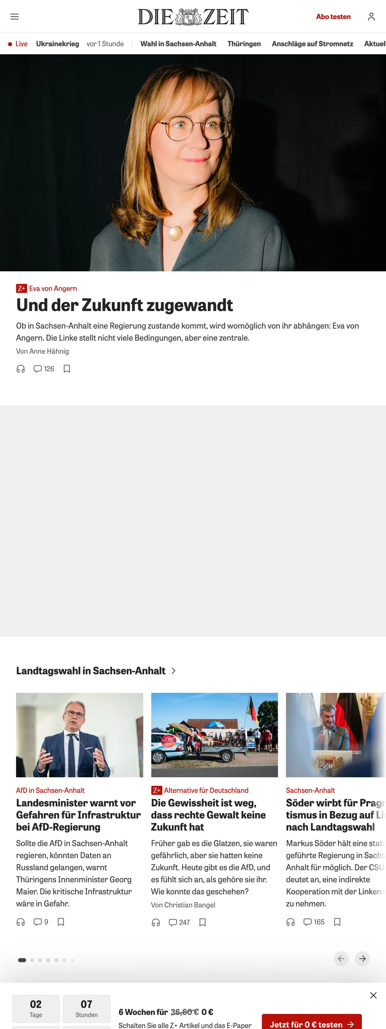 Screenshot of the ZEIT ONLINE front page