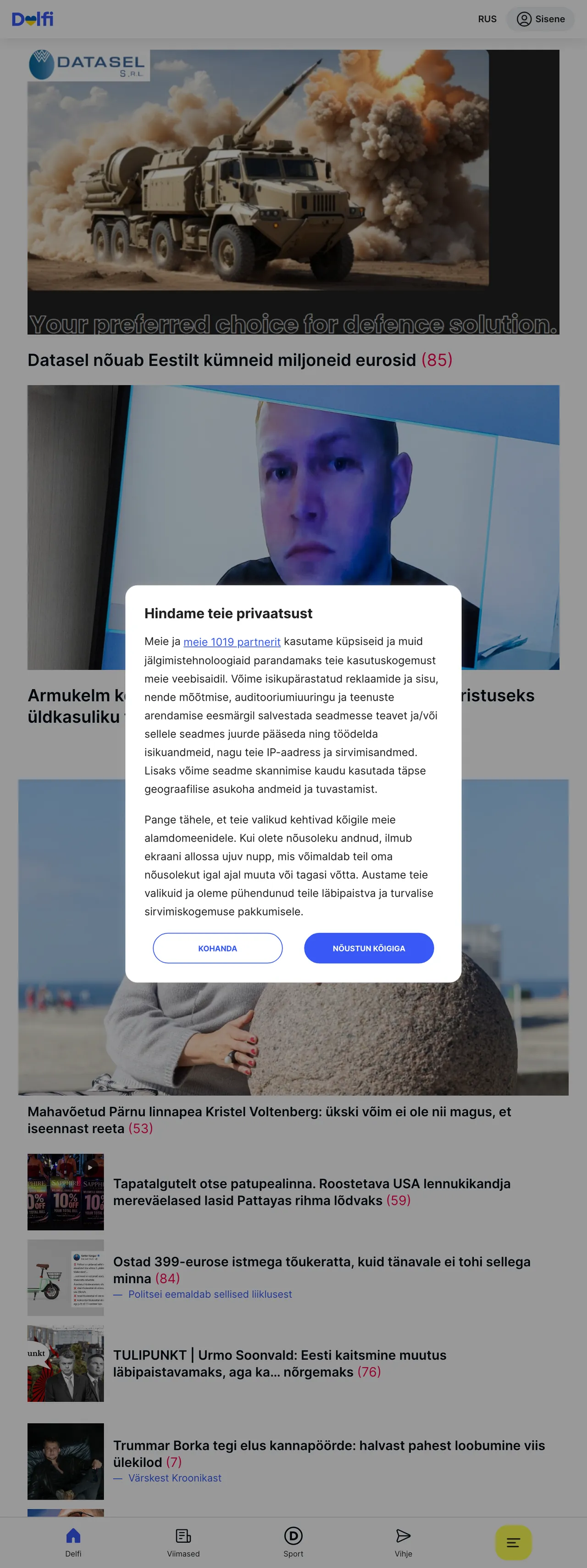 Screenshot of the Delfi front page